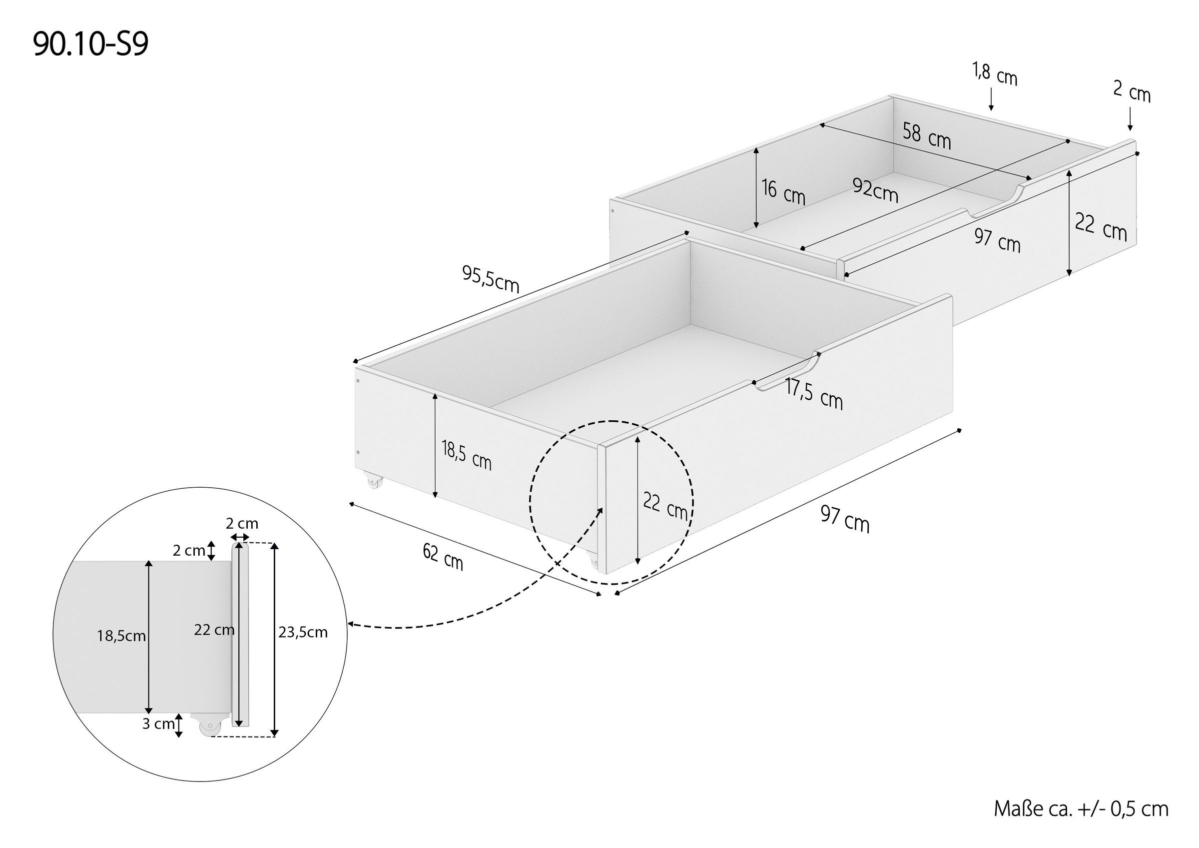 drawers, Schubladen, Aufbewahrung, Metallrahmen, Abmessungen, Skizze Doppelbettkasten