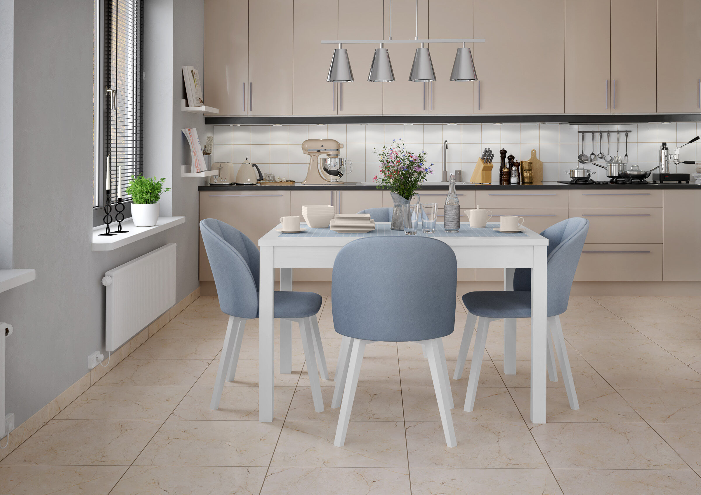 küche, küchentisch, essgruppe, blaue stühle, gerät beige, gemütlicher Polsterstuhl