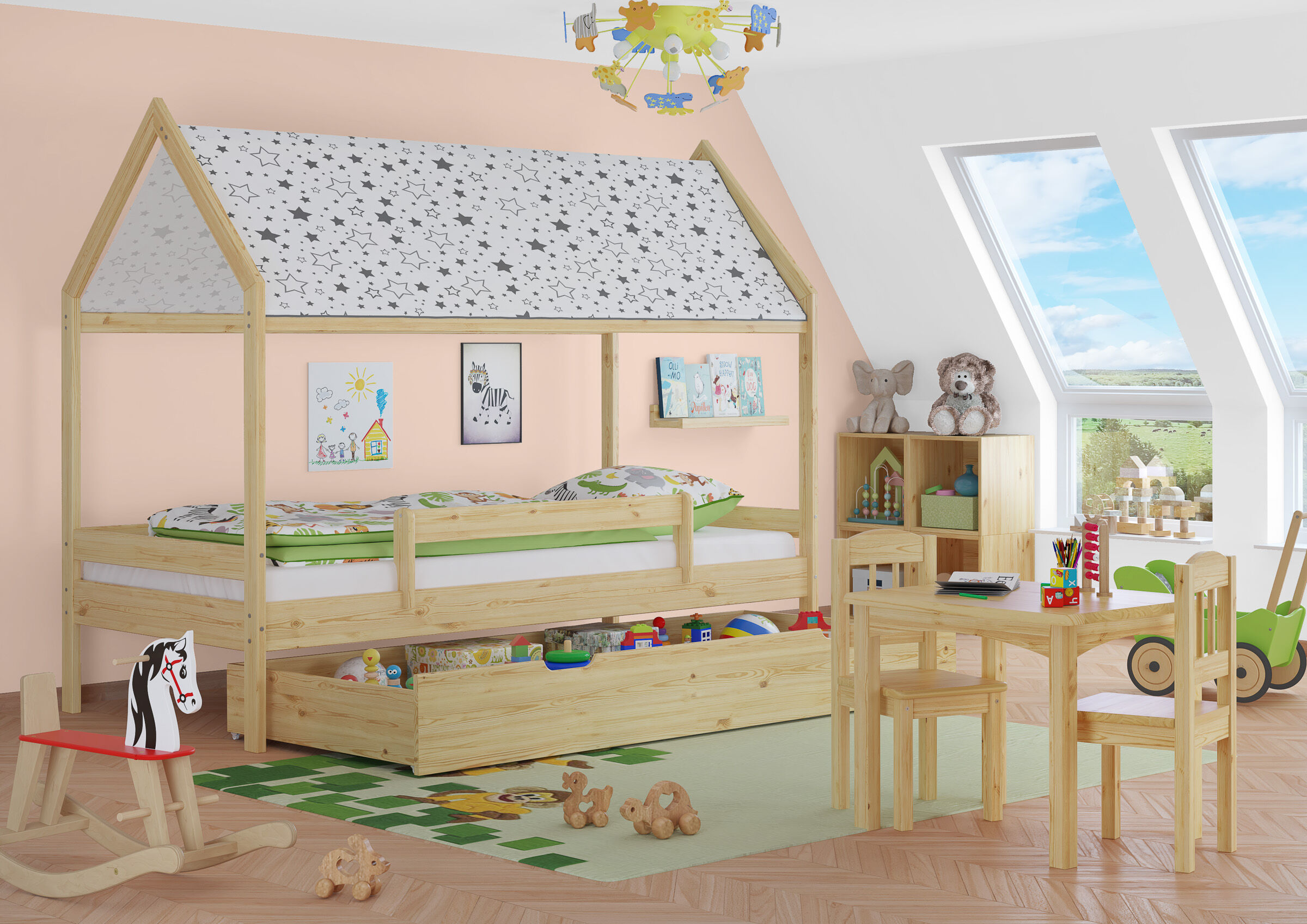 Kinderzimmer, Etagenbett, Holzbettenrahmen, Aufbewahrungsbox, Spielzeug, Kinderzimmer mit Bett mit Dach und Bettkasten