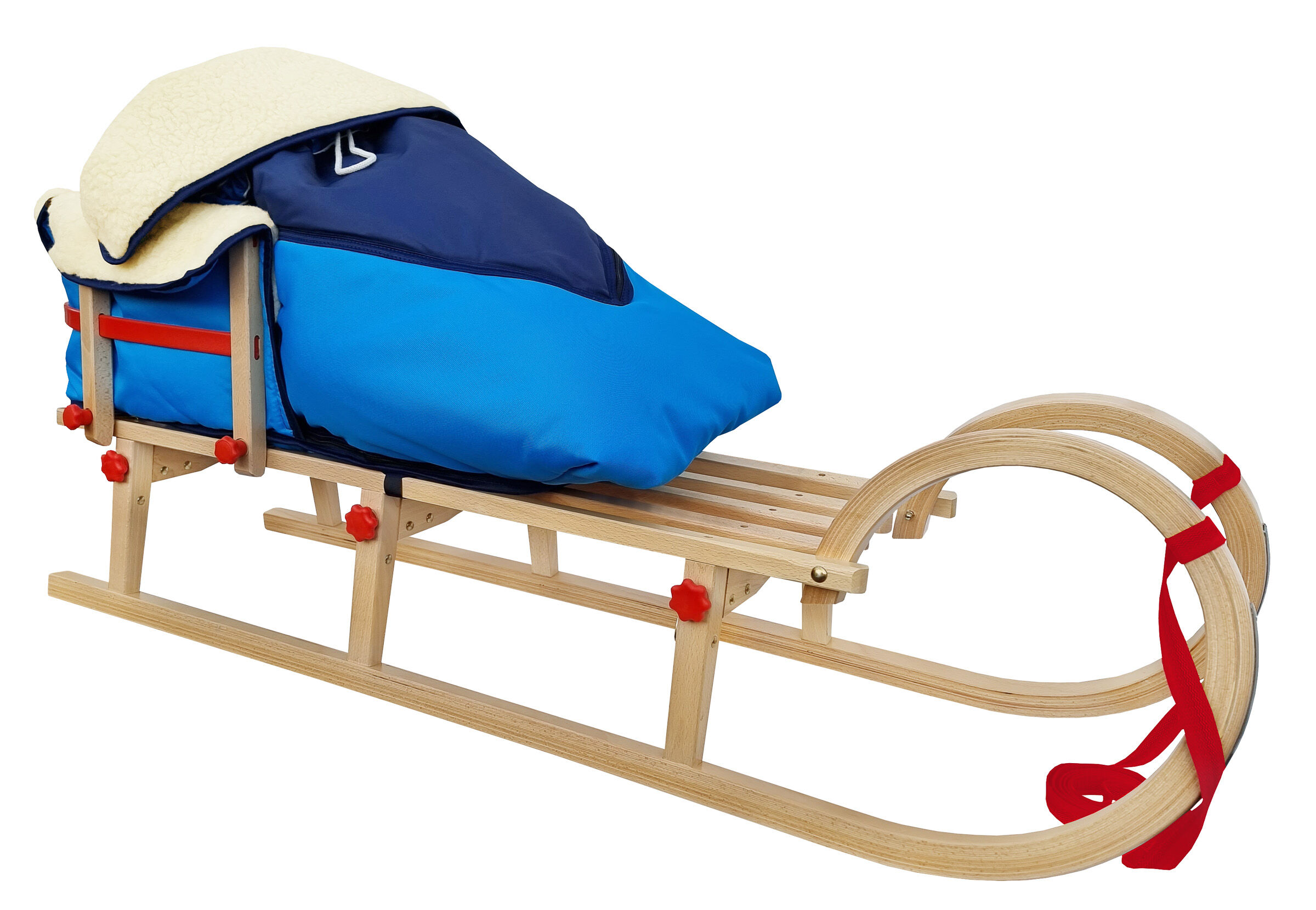 Schlitten, Holzschlitten, Kufen, Schlitten mit Stoffabdeckung, Rotseil, Hörnerschlitten mit Fußsack