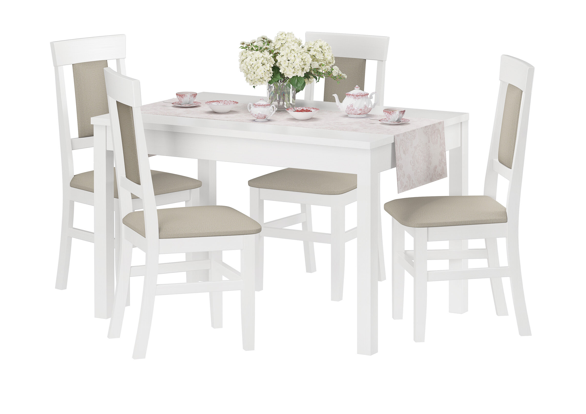 Esstisch, 5-teilige Sitzgruppe, weiß, Holztisch, Stoffpolster, Doppelpack Esszimmerstühle weiß taupe