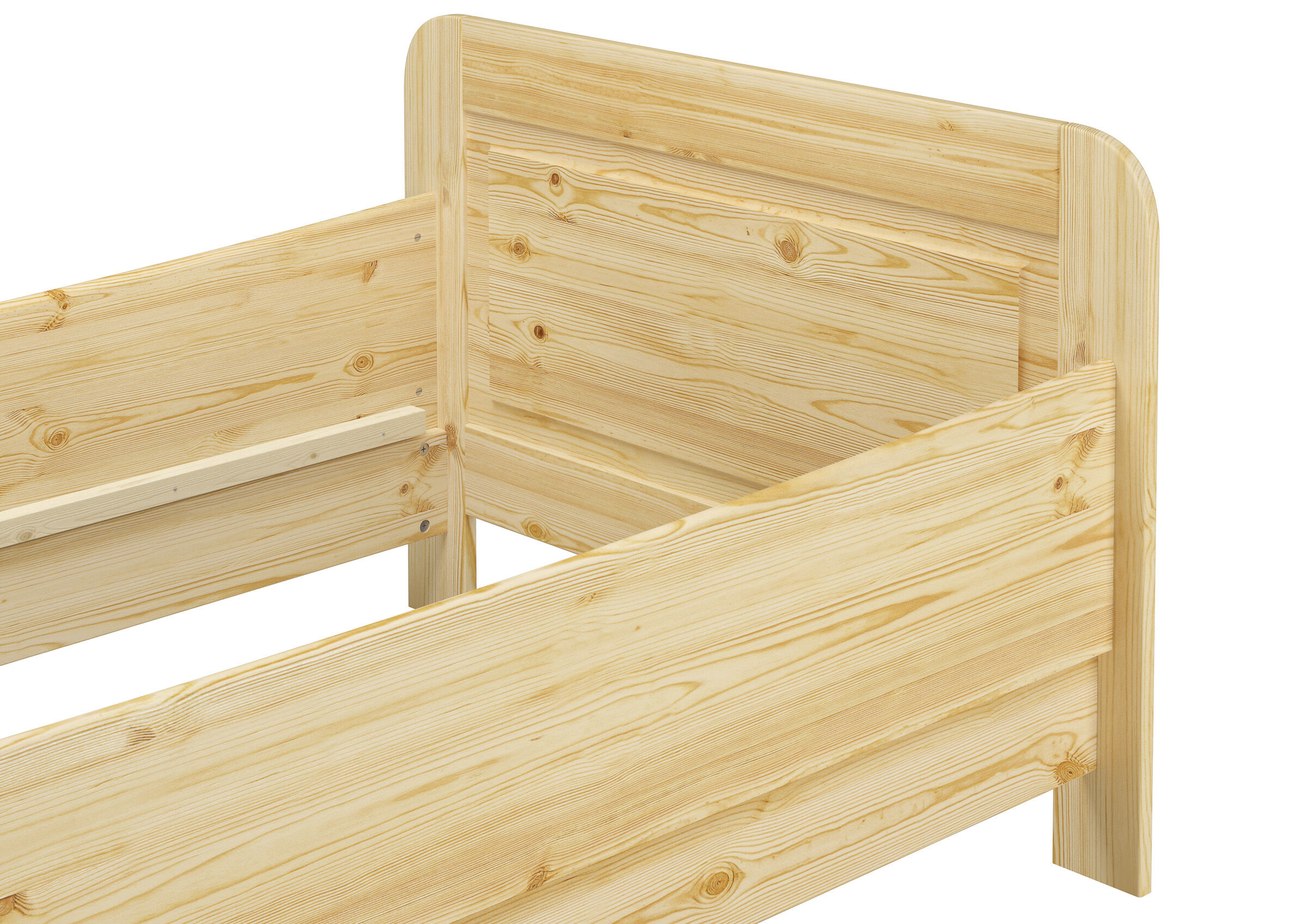 Holzbettrahmen, Kiefernholz, Holzbett, Lattenrostauflage, Naturholz, Holzkopflehne im Detail