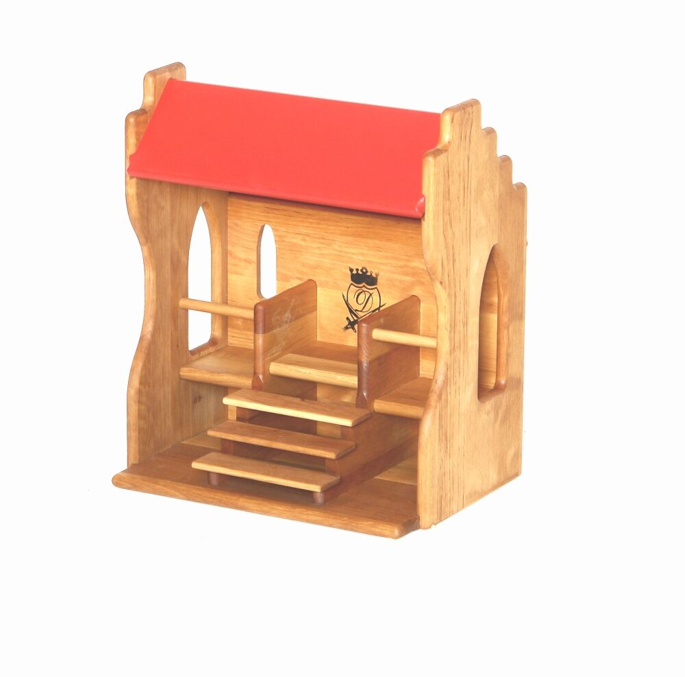 Holzspielzeug, Puppenhaus, Küche, roter Dach, Stufenleiter, Holztribüne Ritterturnier