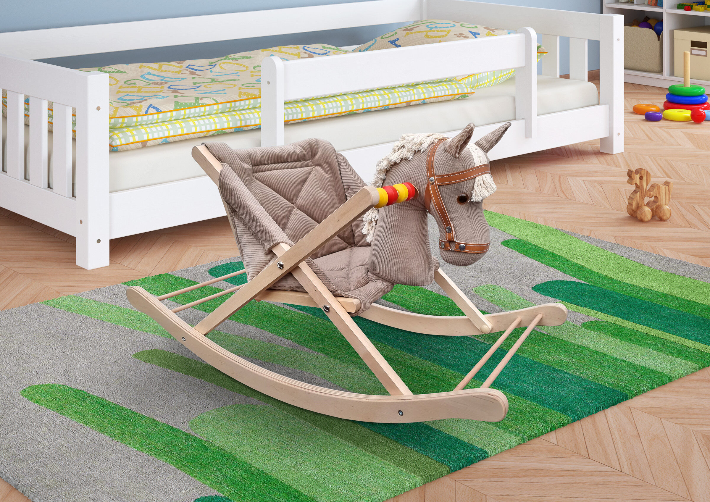 Kinderbett, Bett, Holzpferd, Spielzeugrocker, Rutschstuhl, Zimmerbild Schaukelpferd für Kleinkinder