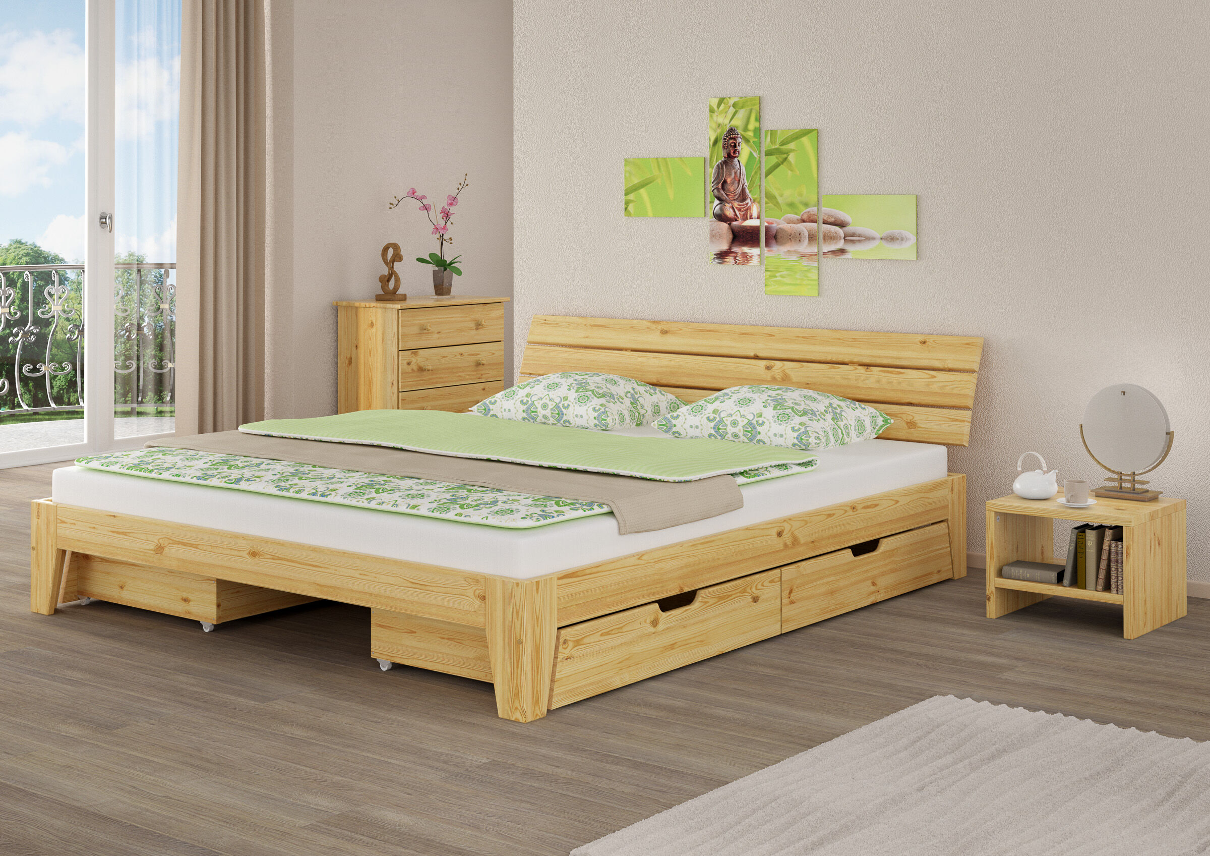 Bettenrahmen, Holzbett, King-size, Schubladen, Kopfteil Dekor, Zimmerbild Kiefer Ehebett natur