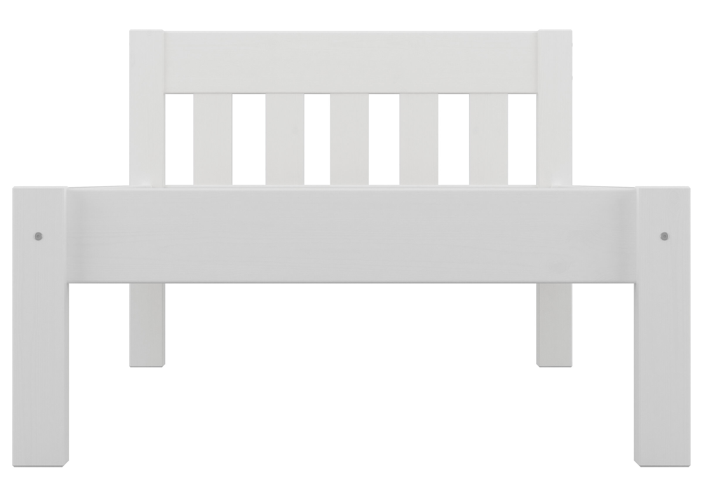 Kinderbett, Holz, weiß, Holzlatten, Kopf- und Fußteil, Vorderansicht Einzelbett Kiefer waschweiß