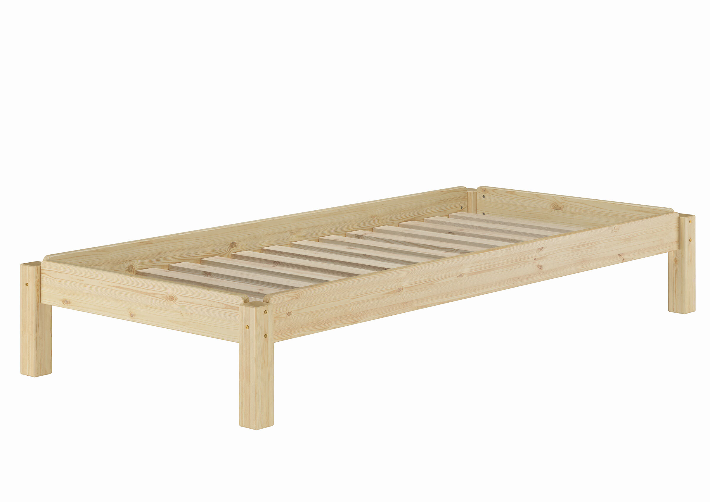 Holzbettgestell, Einzelbett, Lamellenrost, Naturholz, Holzrahmen, Kieferholzbett 90x200 mit Rollrost