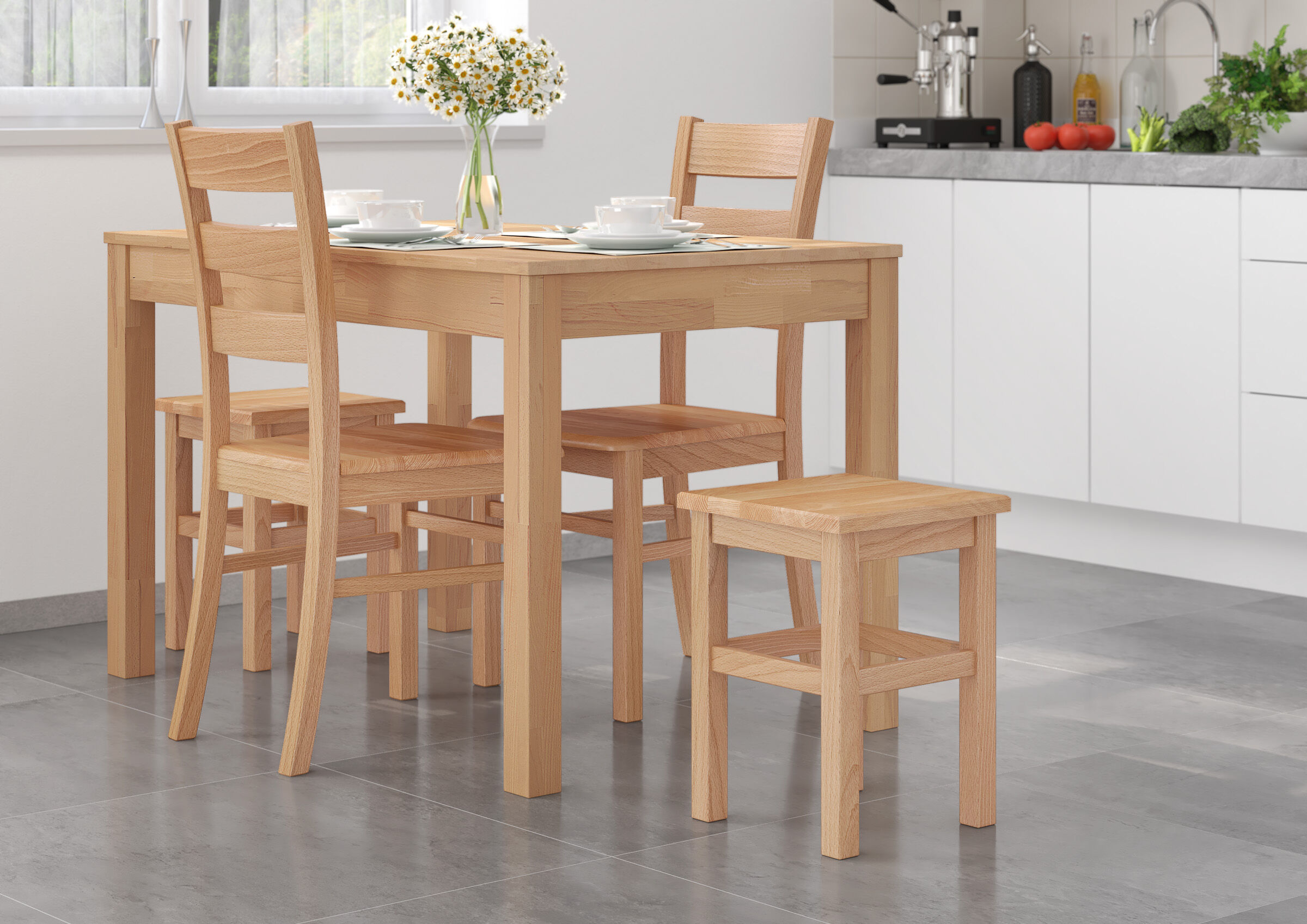 holz, Essgruppe, Stühle, Tisch, Küchentisch, Sitzhocker aus Massivholz Buche