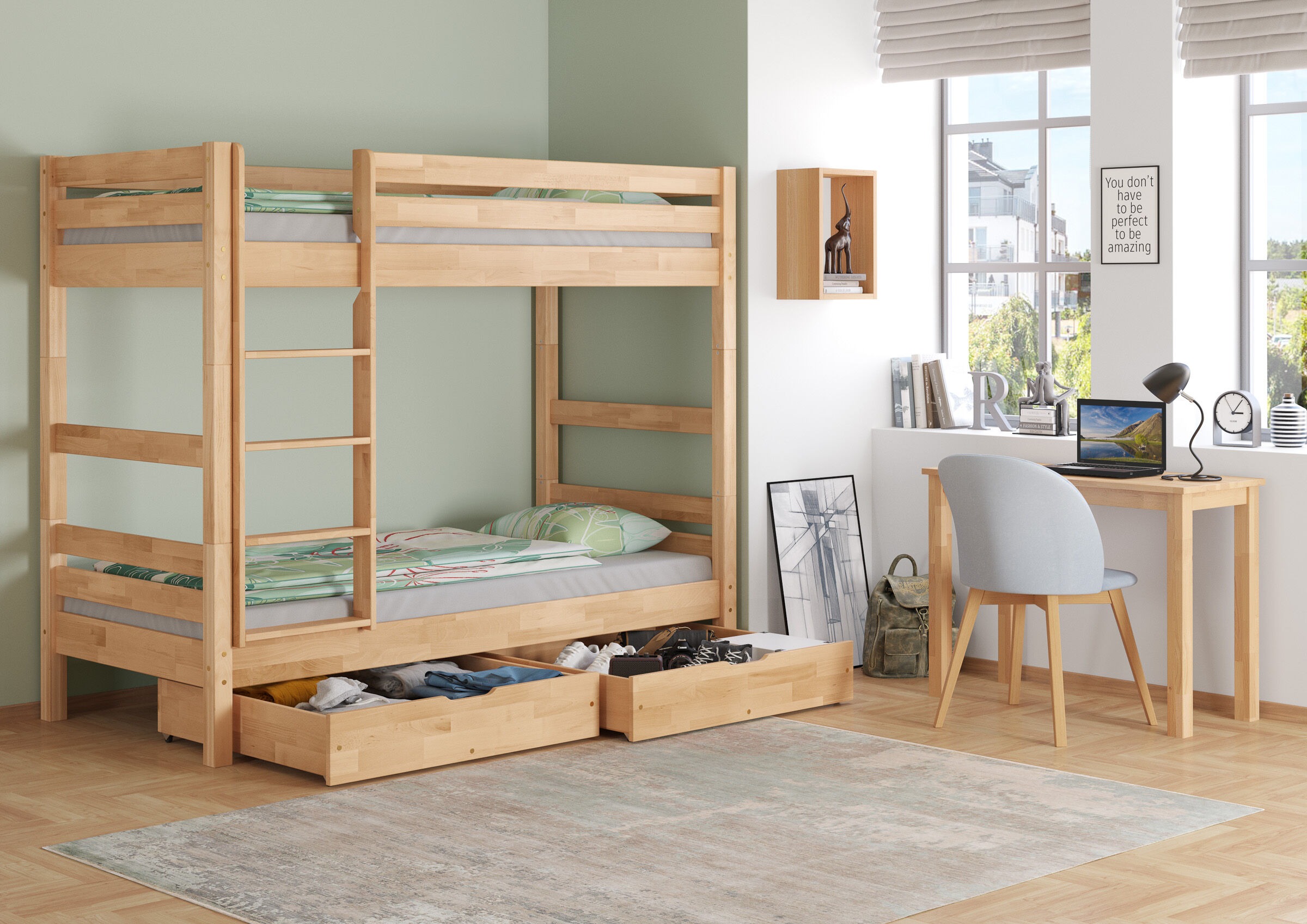 Etagenbett, Holzbett, Schubladen, Bett mit Stauraum, Kinderzimmer, zweiteiliger Bettkasten mit Rollen
