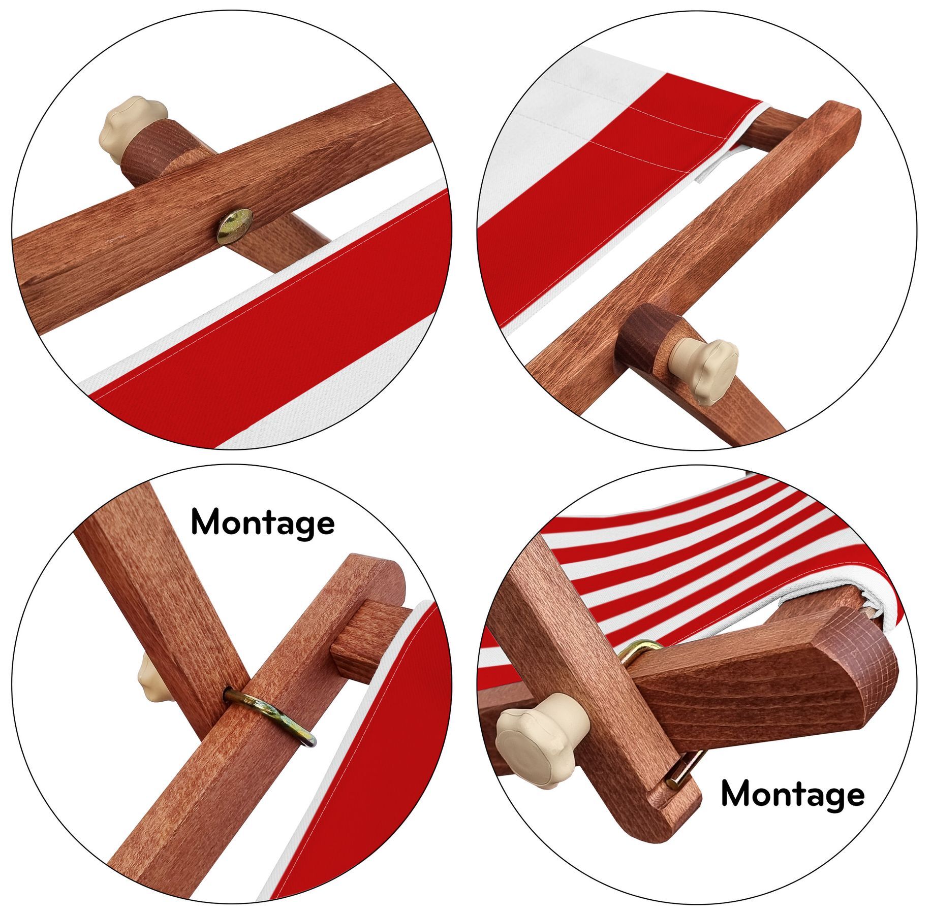 holz, rolleur, rot-weiß, streifen, montagewerkzeug, Sonnendach aus Buche mit Stofffarbe rot/weiß im Detail