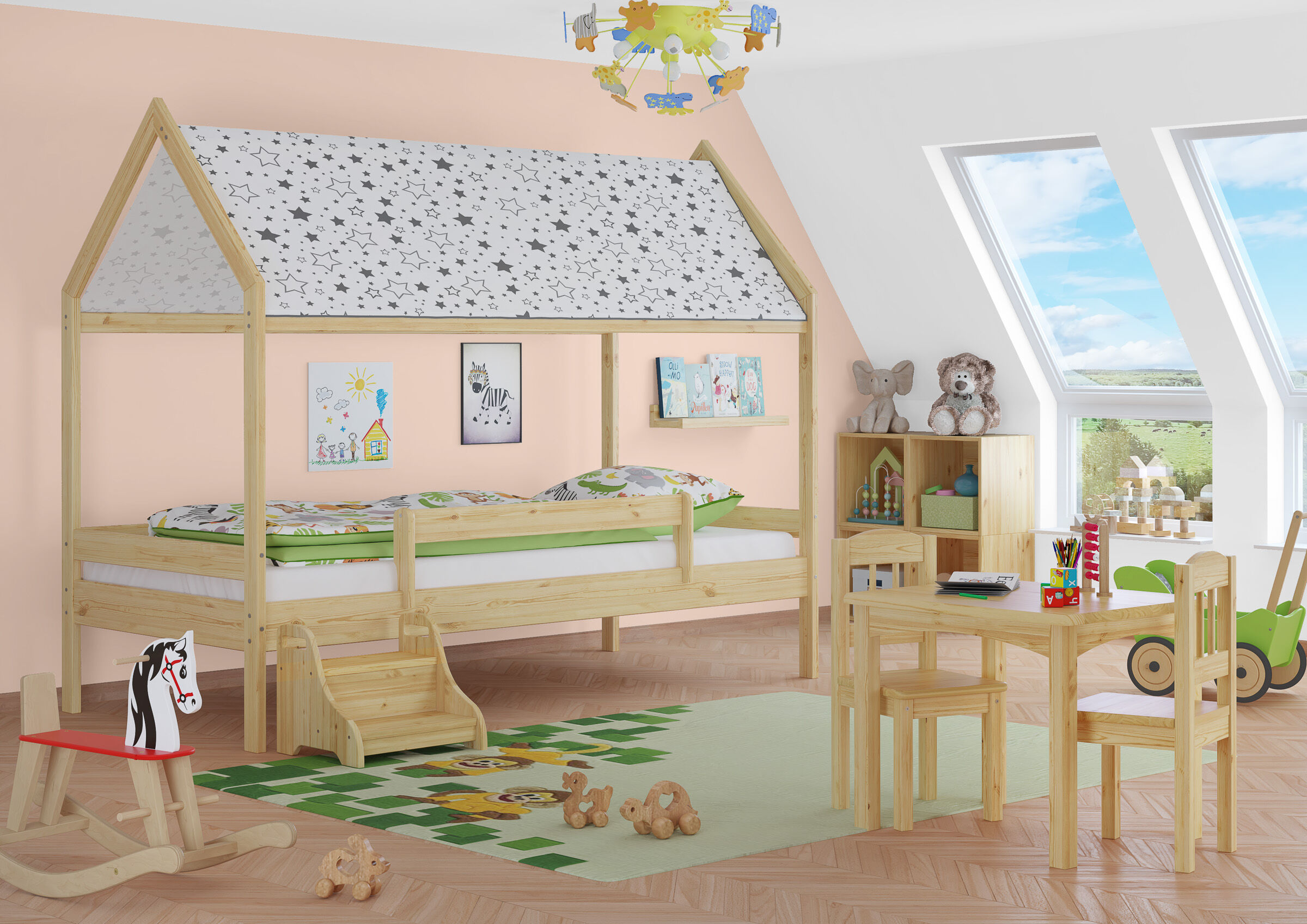 holzbettenrahmen, hochbett, kinderzimmer, mattensatz, spielzeug, Kinderzimmer mit Holzbett mit Dach und Kindersicherung