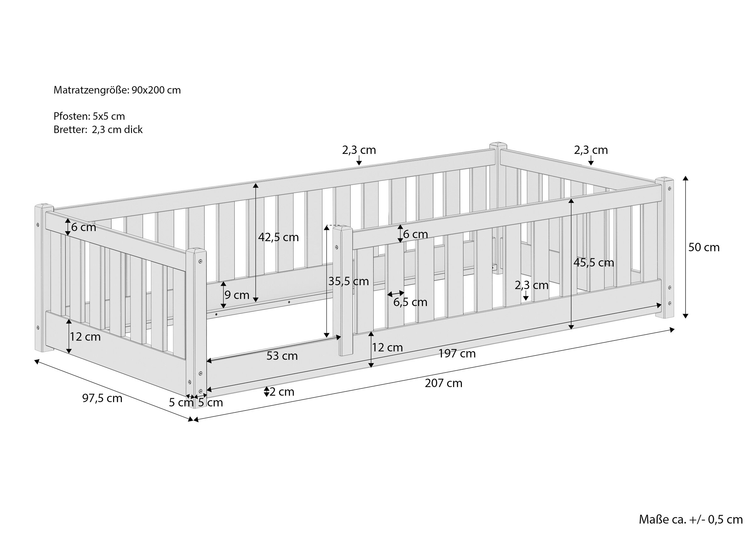 Kinderbett, Bettgestell, Babybett, Holz, Gitterbett, Maße des Einzelbettes 90x200 mit Rundumgitter