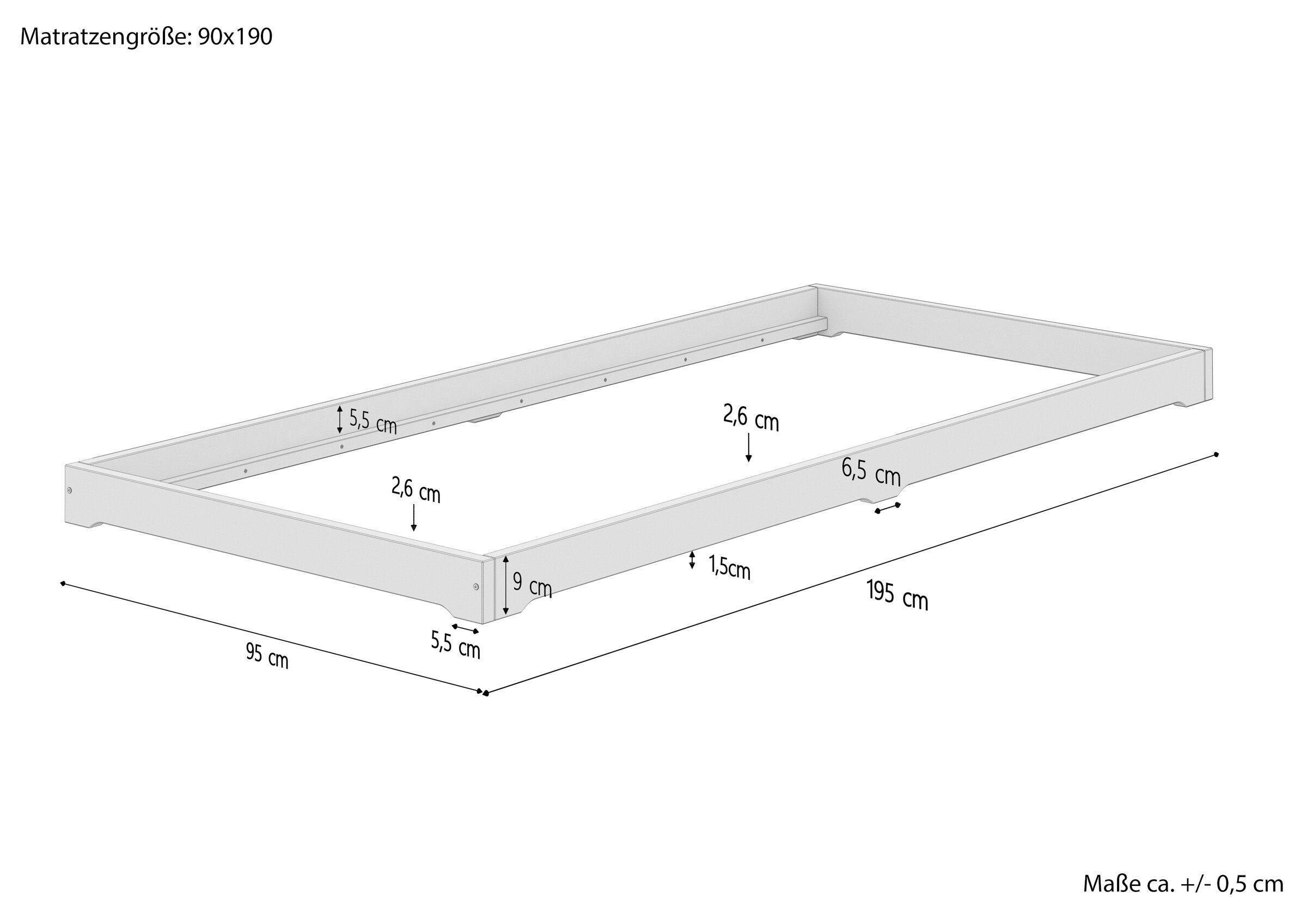 Skizze mit Maße Kurzes Futonbett platzsparend extra niedriges Einzelbett 90x190 Esche geölt V-60.47E-09-190