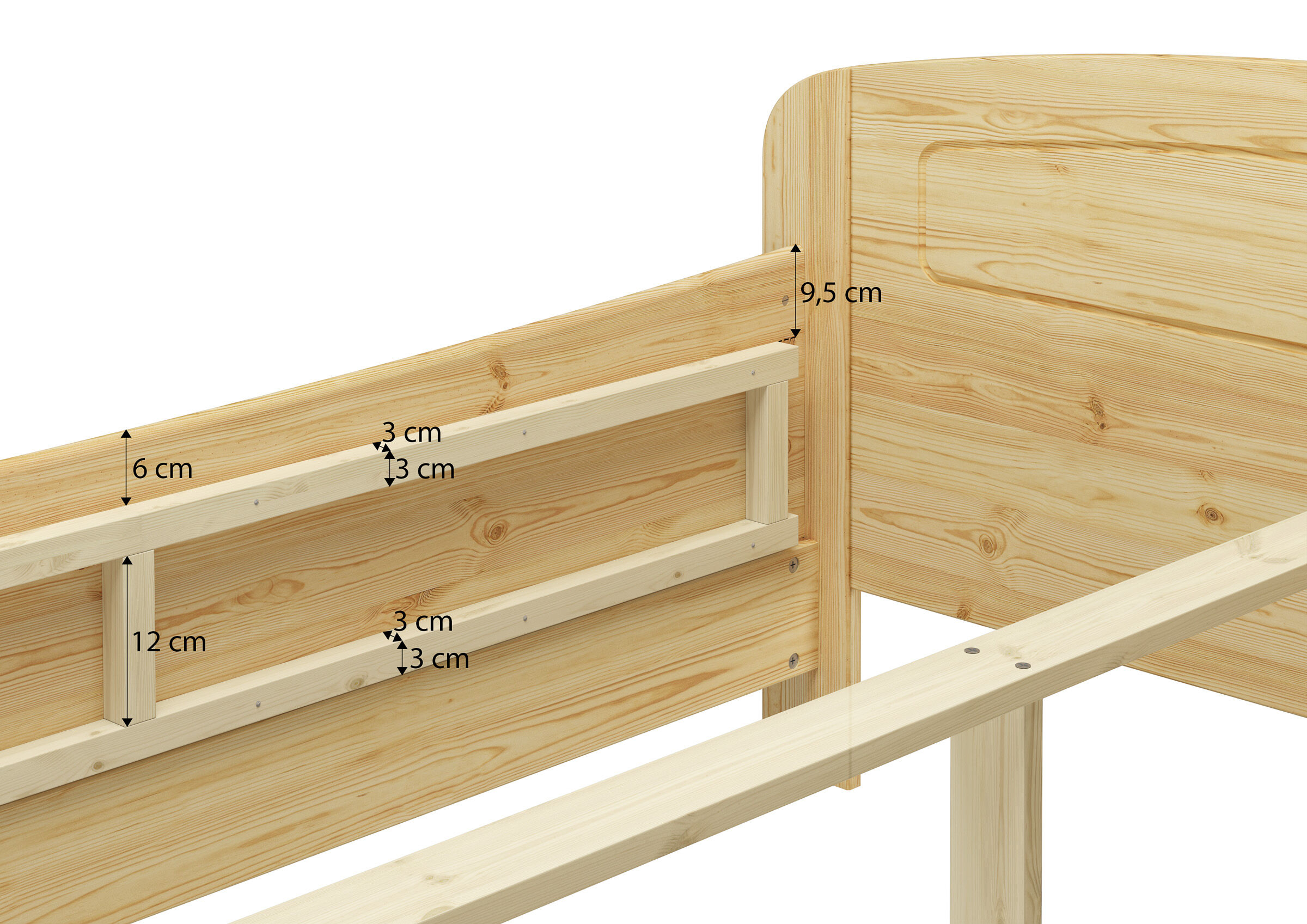holzbett, bettrahmen, lattenrost, holzmaterial, naturholz, Detailbild der höchsten Stufe der Einlegetiefe