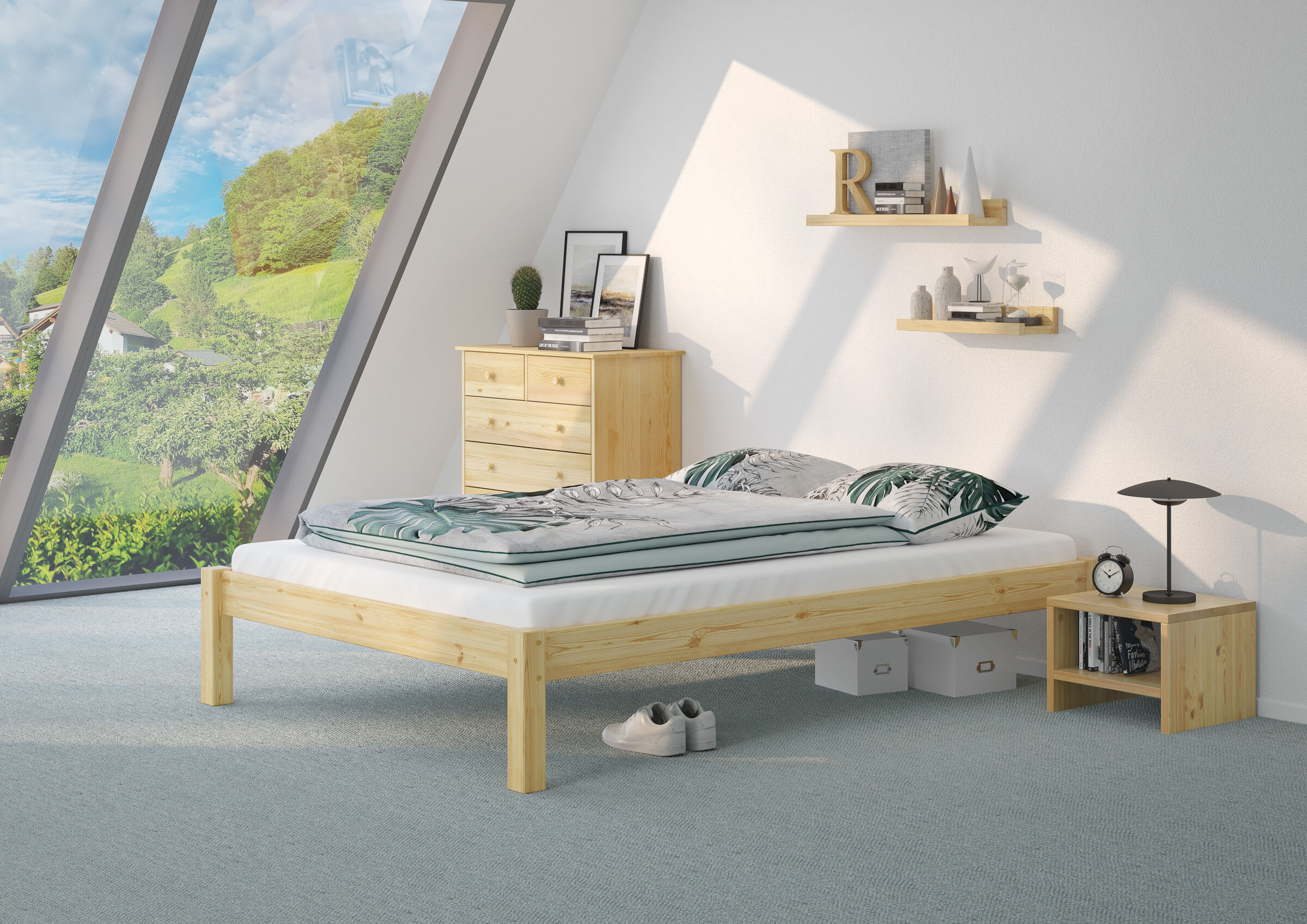 holzbettenrahmen, bettrahmen, holzbetten, schalfzimmer, kallax?, Schlafzimmerbild Kiefer Natur