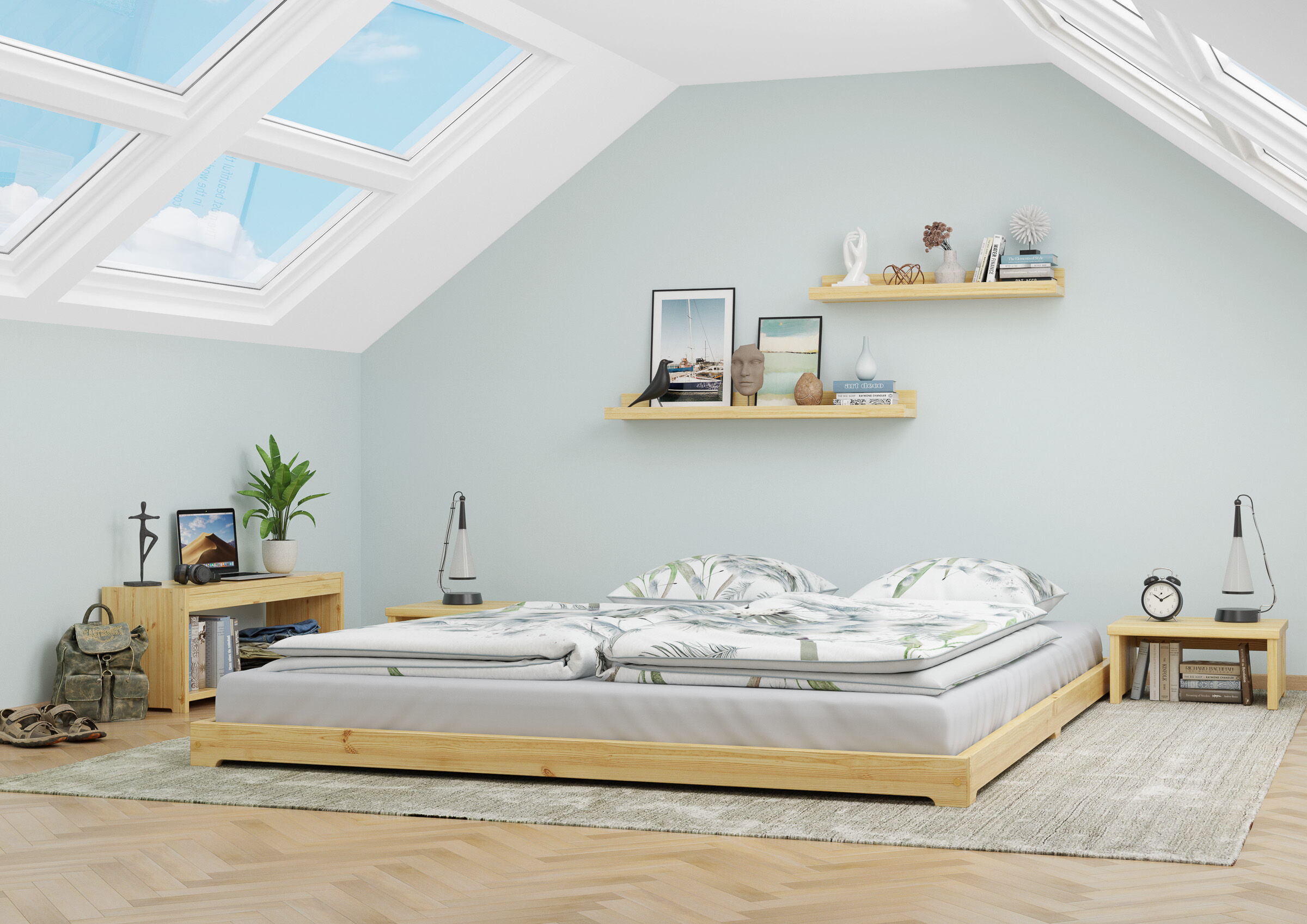 Bett, Zimmer, Bettdecke, Holzbett, Dachfenster, Zimmerbild mit niedrigem Futonbett Kiefer natur