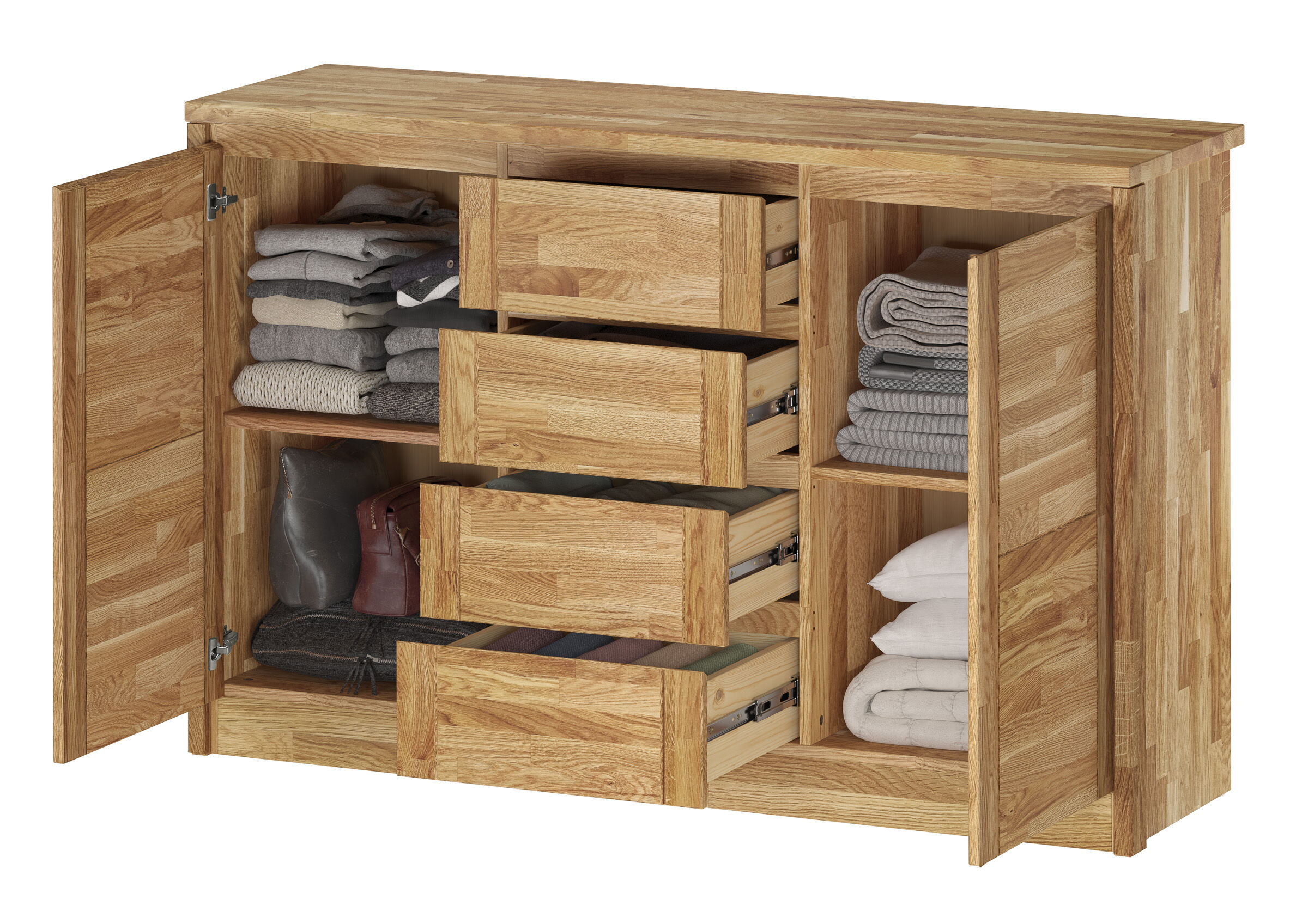Kleiderschrank, Schrank, Holz, Schubladen, Garderobe, Wäscheschrank aus Eiche im Detail