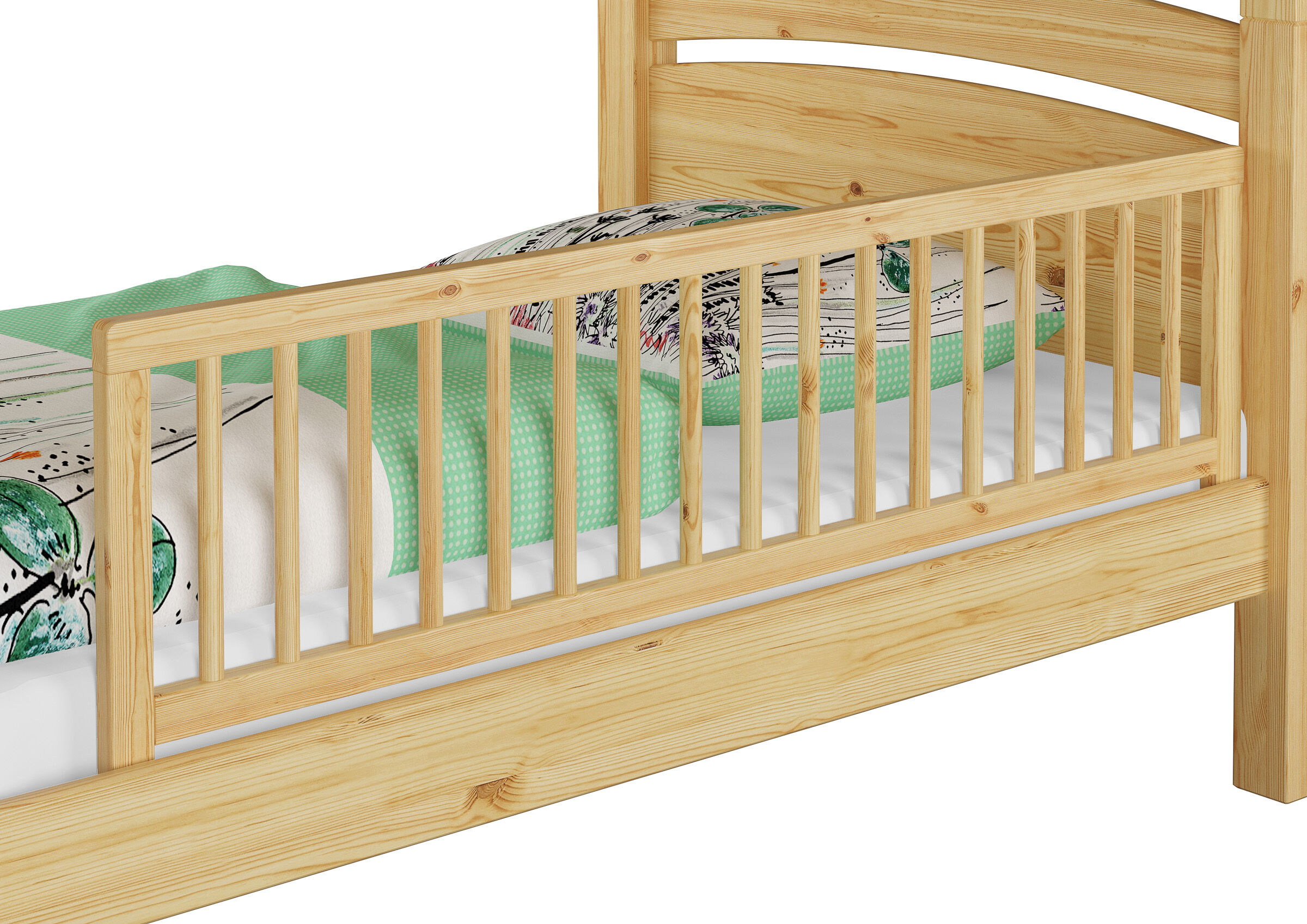 Holzbett, Kinderbett, Kopfteil, Seitenteil, Gitterbett, Kindersicherung zum Einstecken Etagenbett Detailansicht