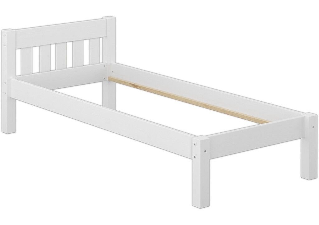 Einzelbett, Holzbett, Kopfteil mit Latten, weißes Bettgestell, Holzrahmen,