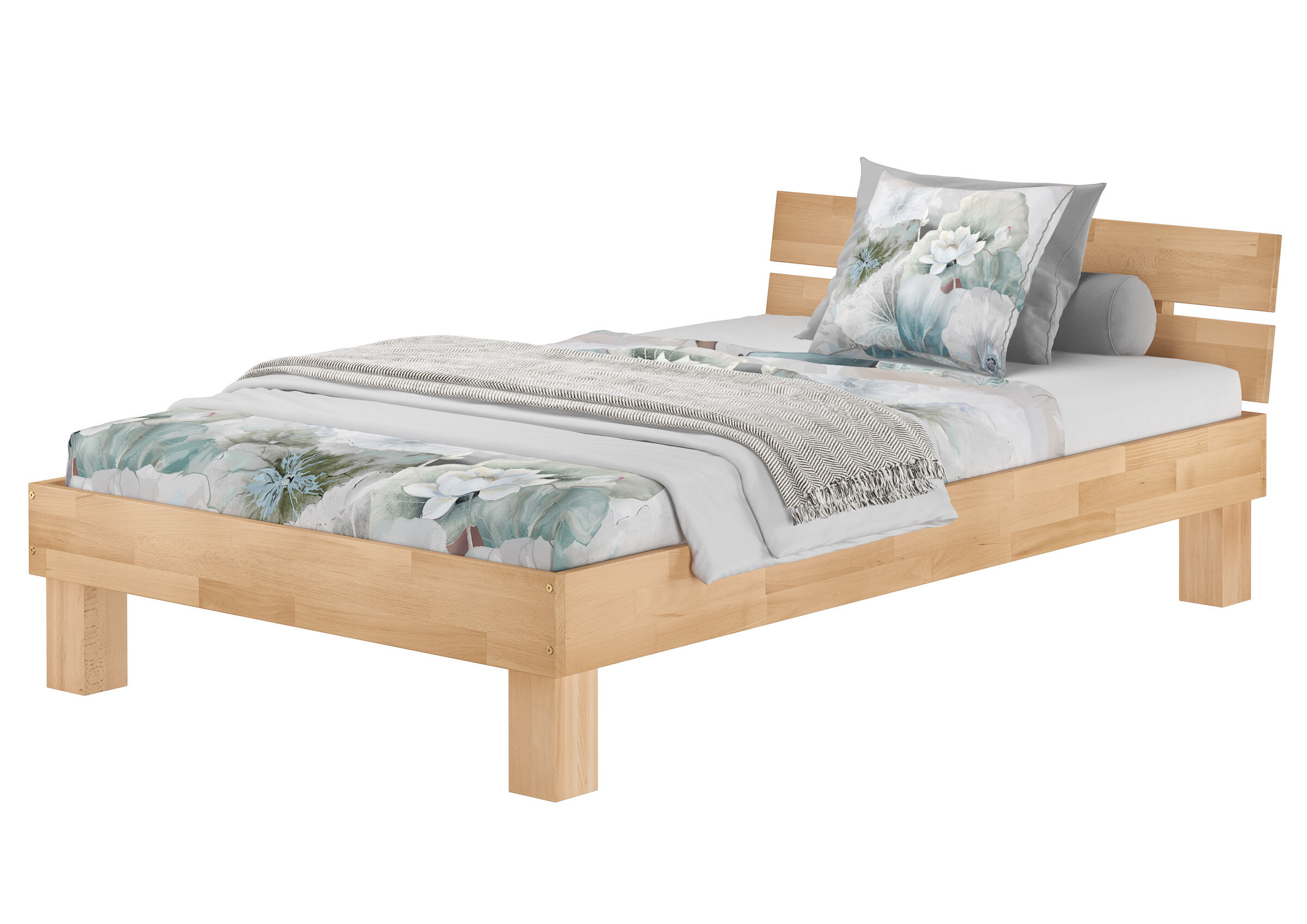 bettgestell, holzbett, holz, bettwäsche, blumiges muster, Stabiles Massivholzbett Buche in Überlänge 120x220