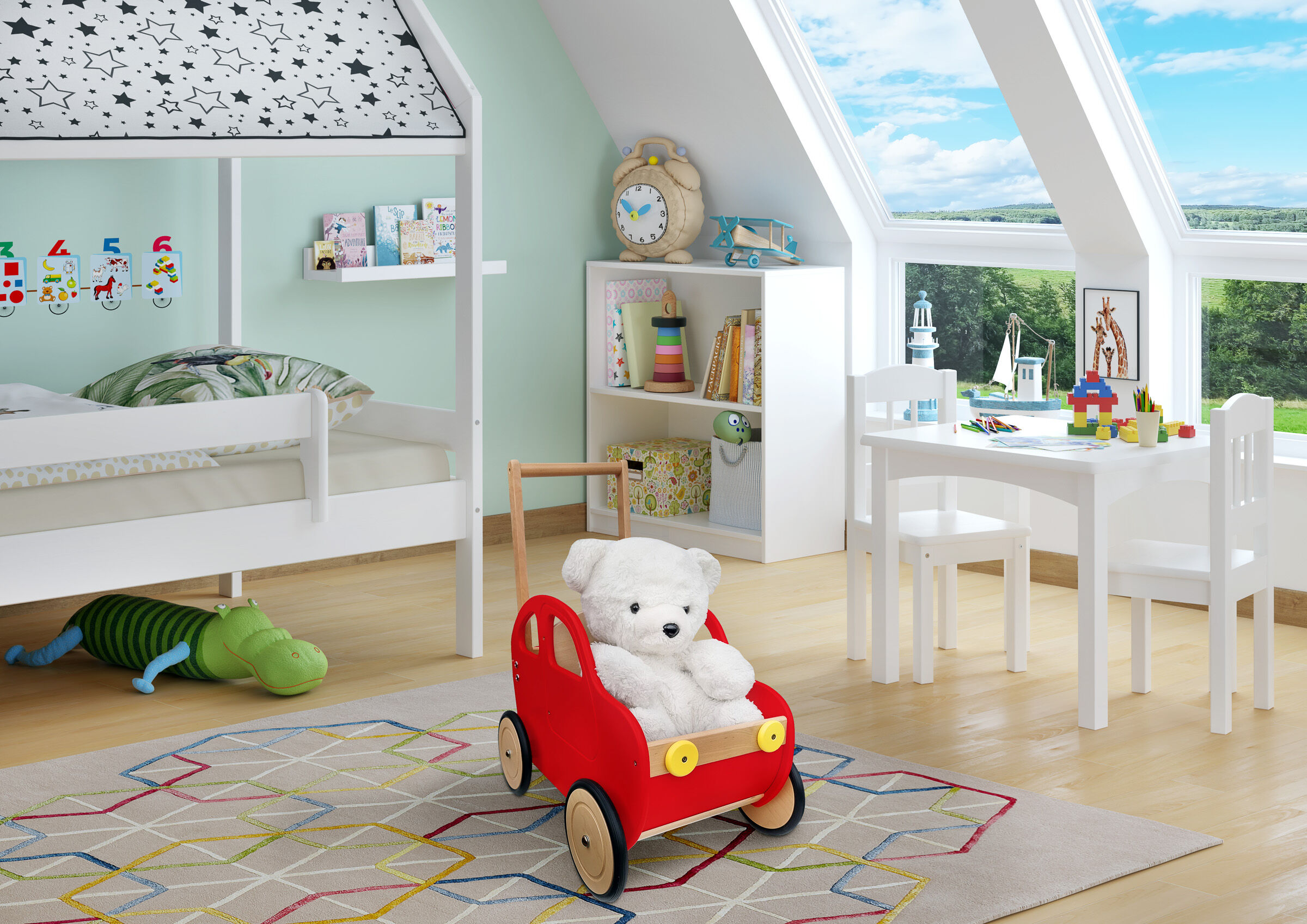 Kinderzimmer, Spielzeugwagen, Teddy, Wandstern-Bettwäsche, Spielteppich, Kinderzimmer mit rotem Puppenwagen