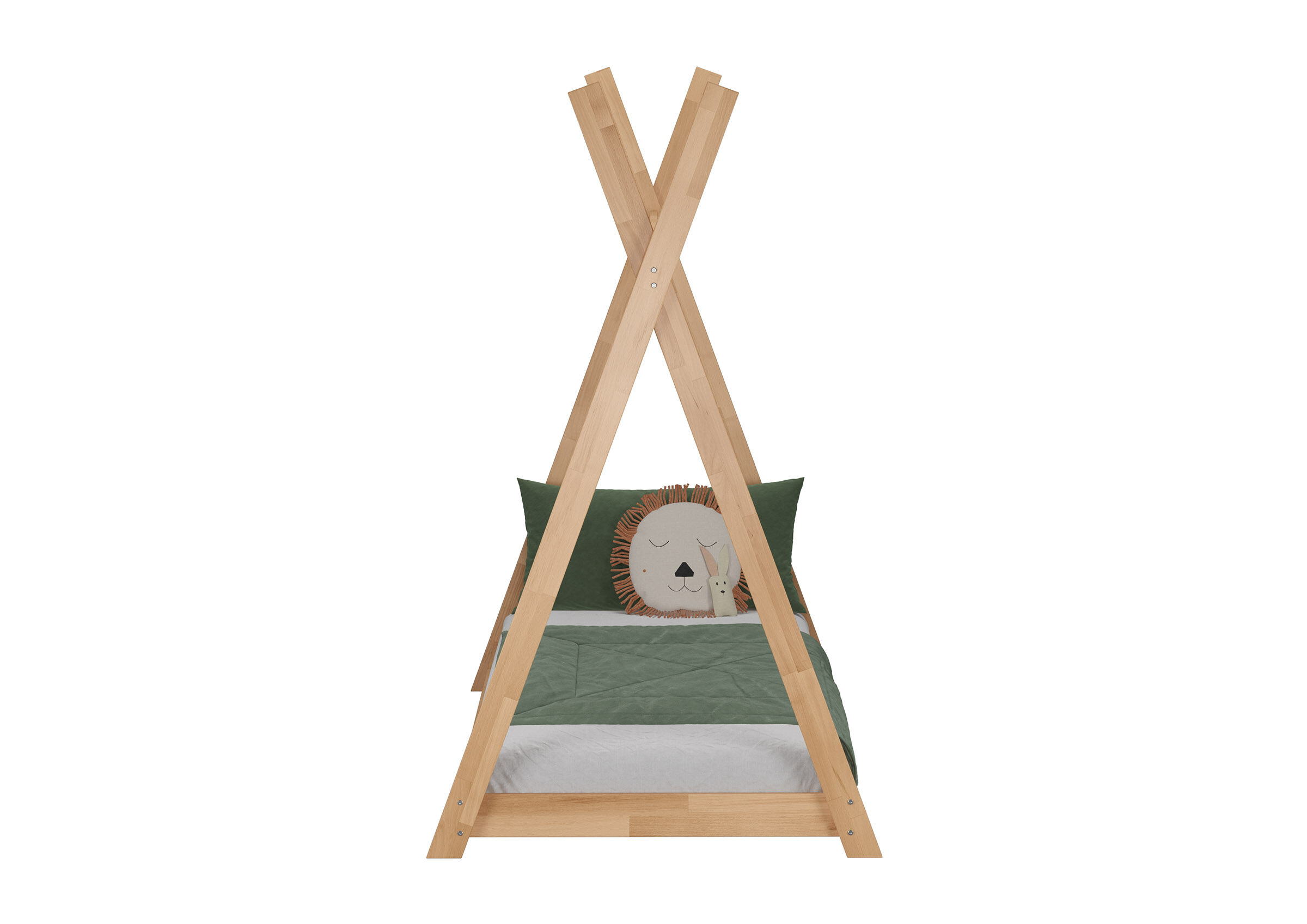 Holzrahmen, Kinderbett, Zeltbett, Grün, Kissenlion, Rustikales Tipi-Bett 90x200 für Kinder