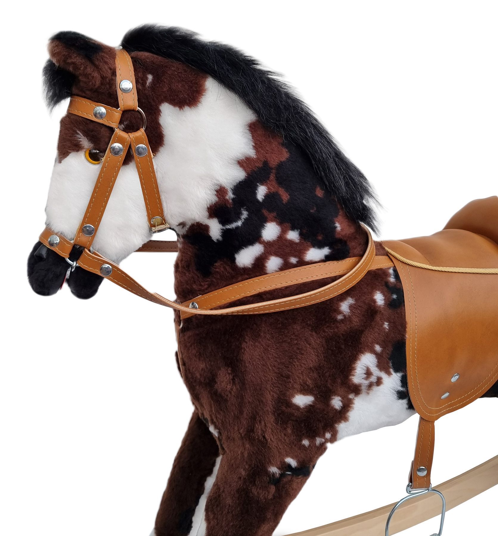 Pferd, Reitpferd, Pferdefigur, Sattel, Sattelgurt, Schaukelpferd mit Zaumzeug und Sattel