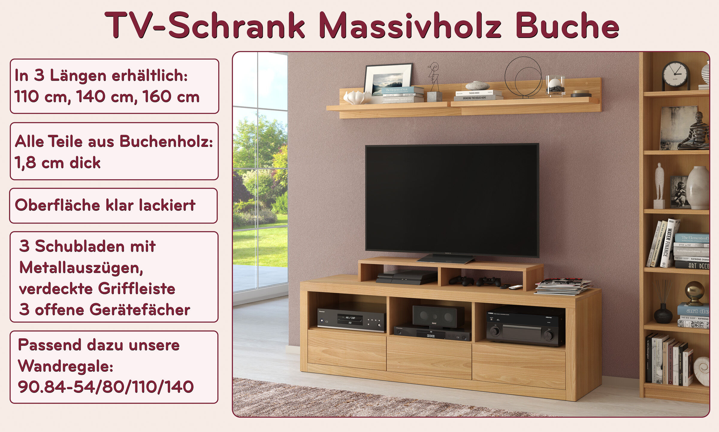 fernseher, tv-möbel, wandregal, massivholz, wohnzimmer, Highlight des Lowboards aus Buche