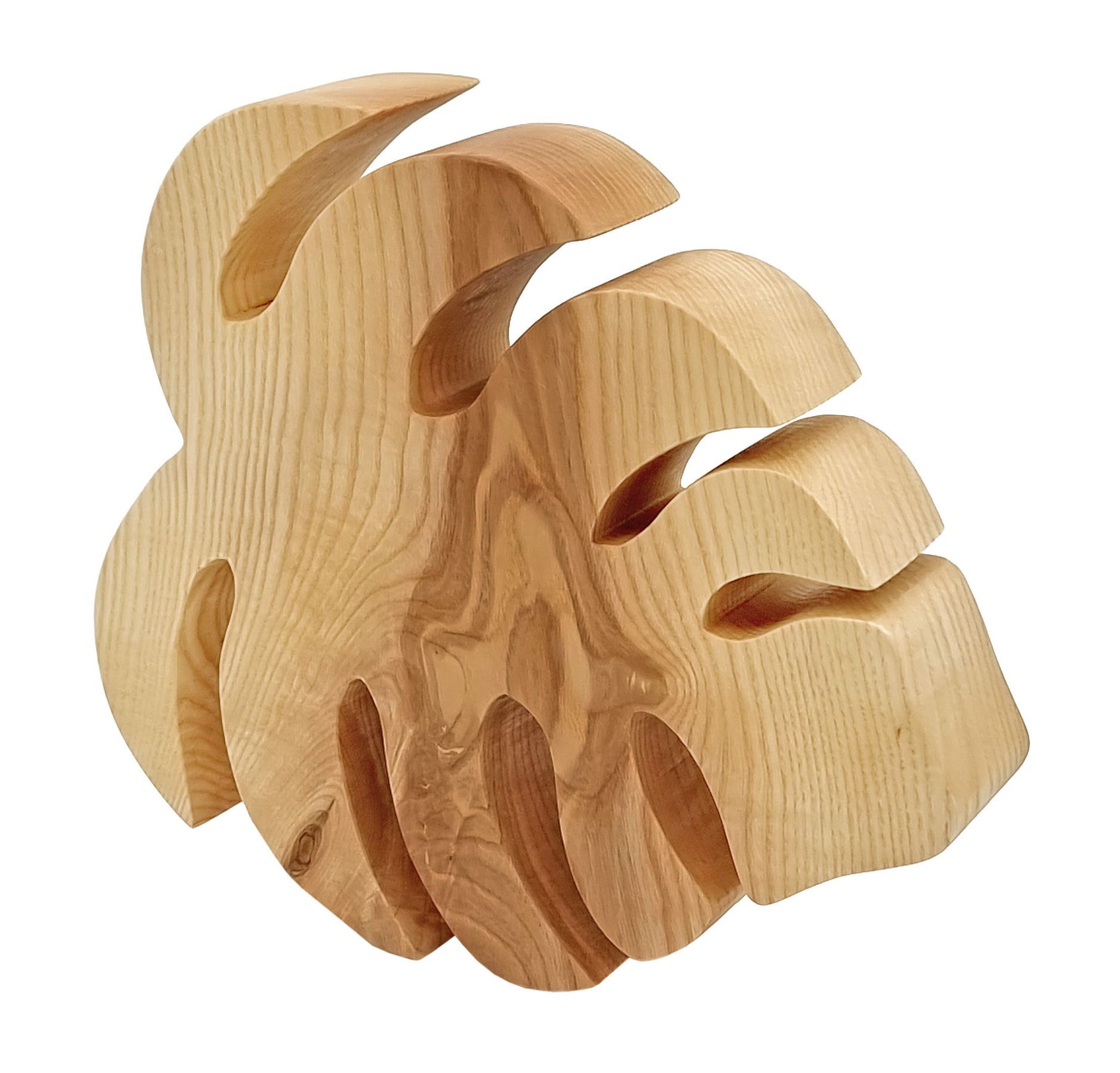 Holzdeko, Skulptur, Holz, organische Form, Dreidimensional, Kleines Holzblatt Monstera aus Esche