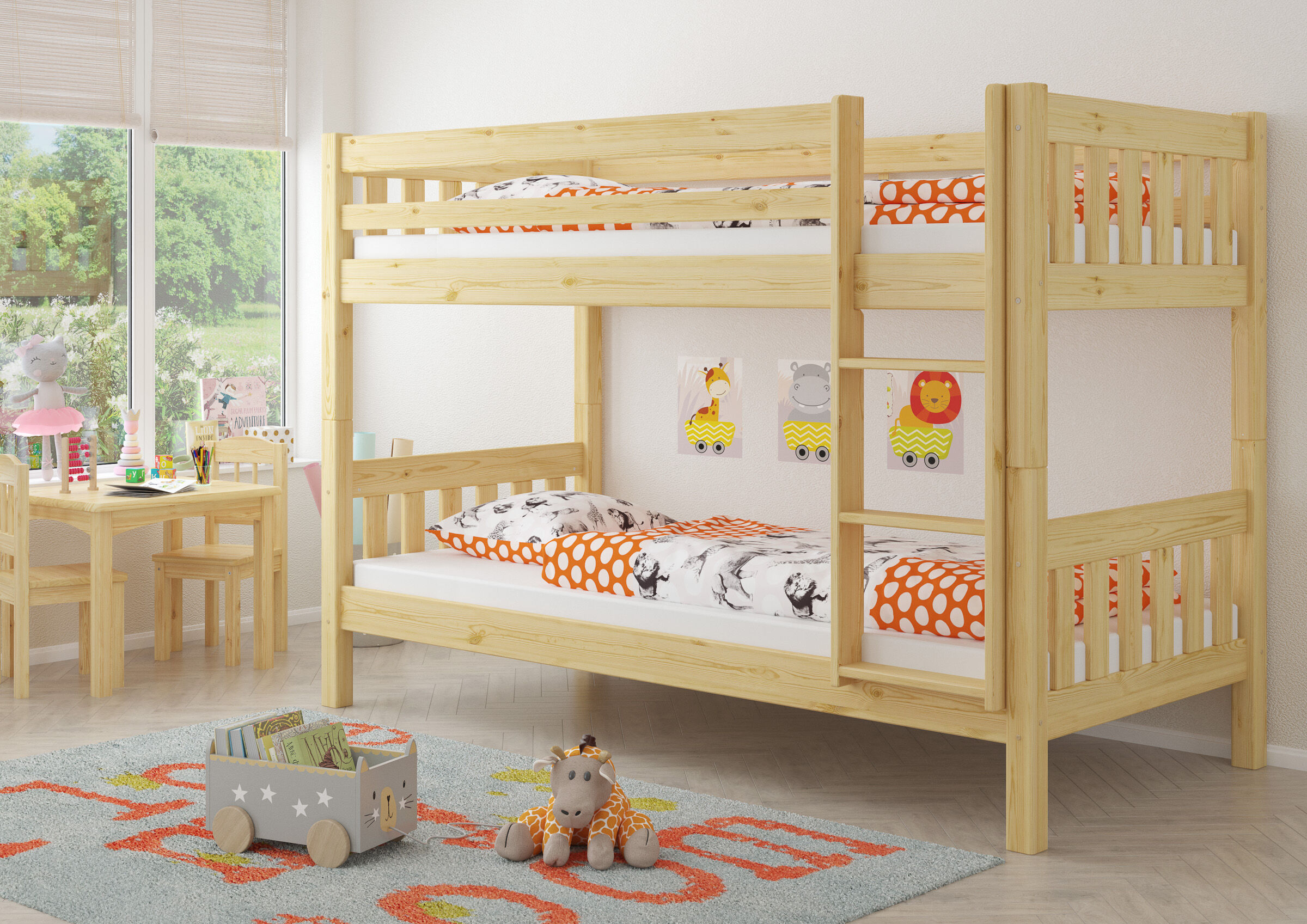 Hochbett, Holz, Kindermöbel, Zimmerdekoration, Bettwäsche Orange Weiß, Holz-Etagenbett