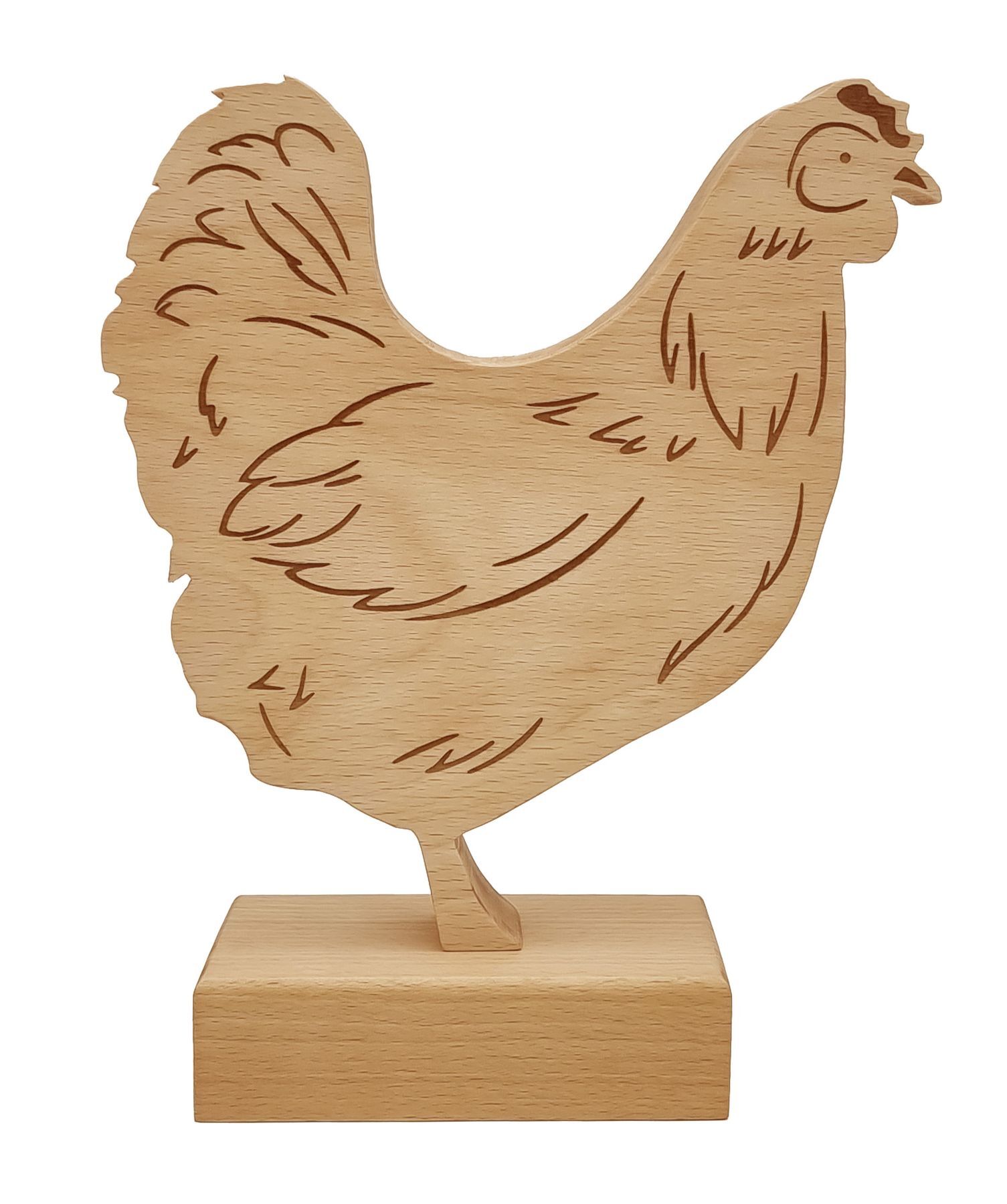 Huhn, Hühnerfigur, Holzfigur, dekorative Figur, Holzschnitt, Detailbild des Osterhuhns aus Buche