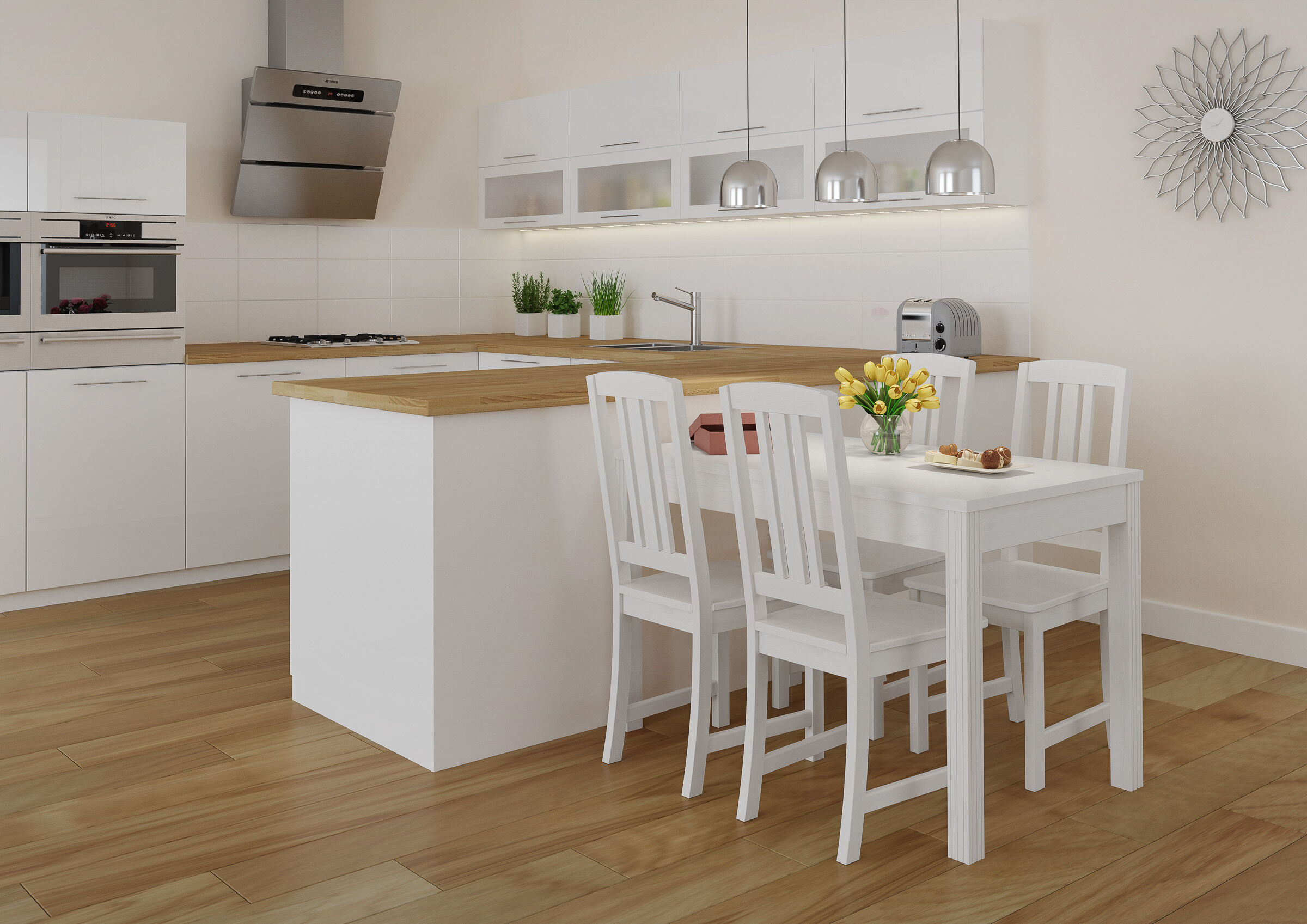 kitchen, Kücheninsel, weiße Schränke, Holzarbeitsplatte, Esstisch-Set, Küche mit weißem Tisch und weißen Stühlen