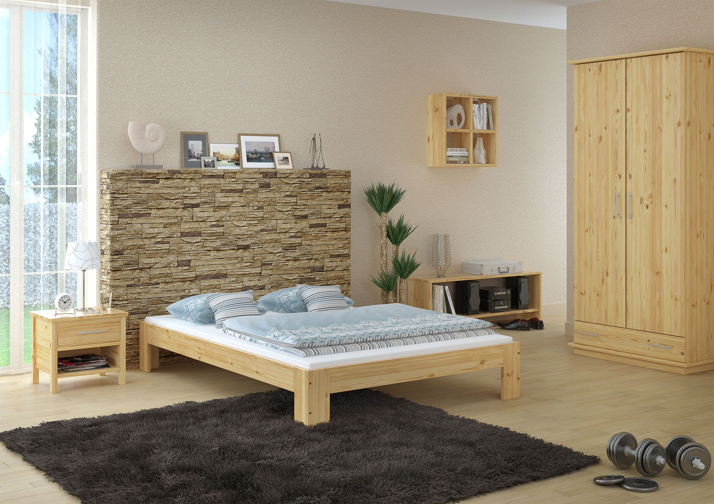 Bettenrahmen, Holzbett, Kopfteil aus Stein, Bodenteppich, Holzschränke und Regal, Gästezimmer mit Doppelbett Kiefer natur