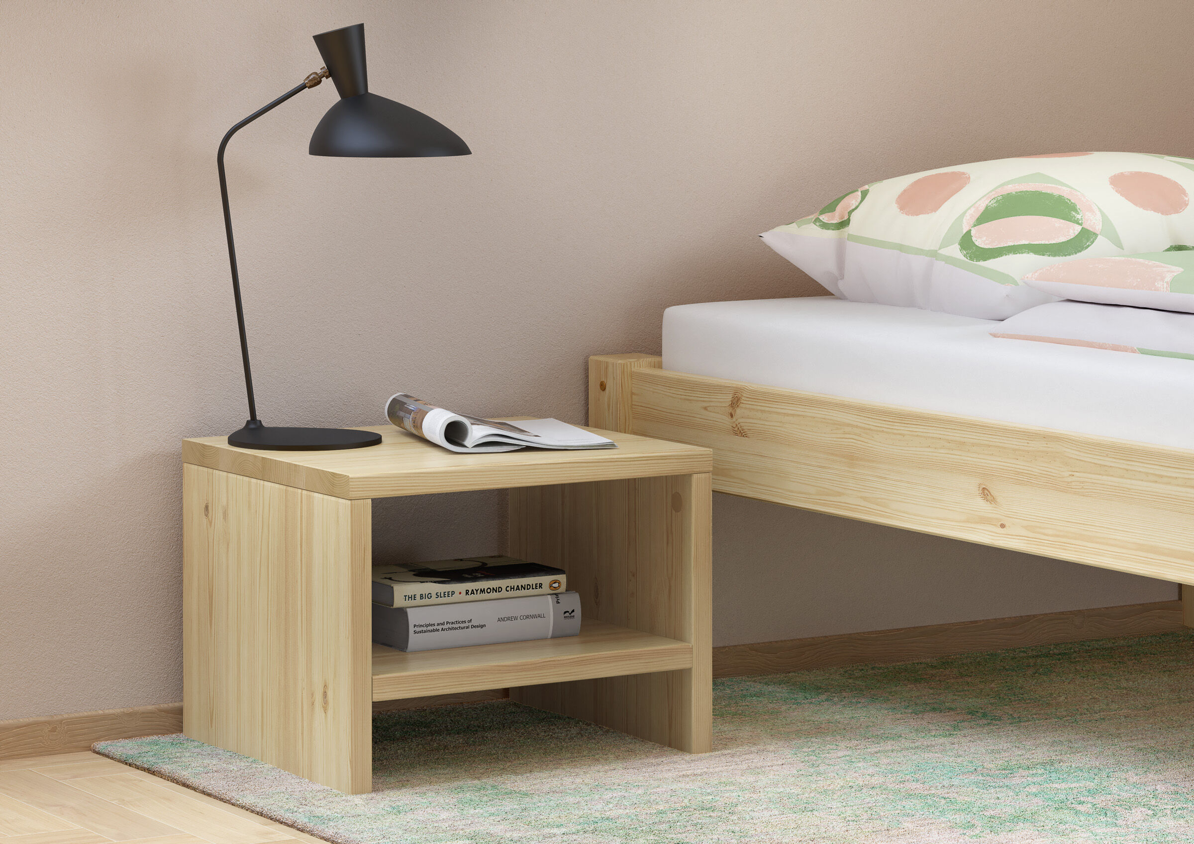 bett, nachtkonsole, lampe, holz, Nachtkasten aus Kiefer