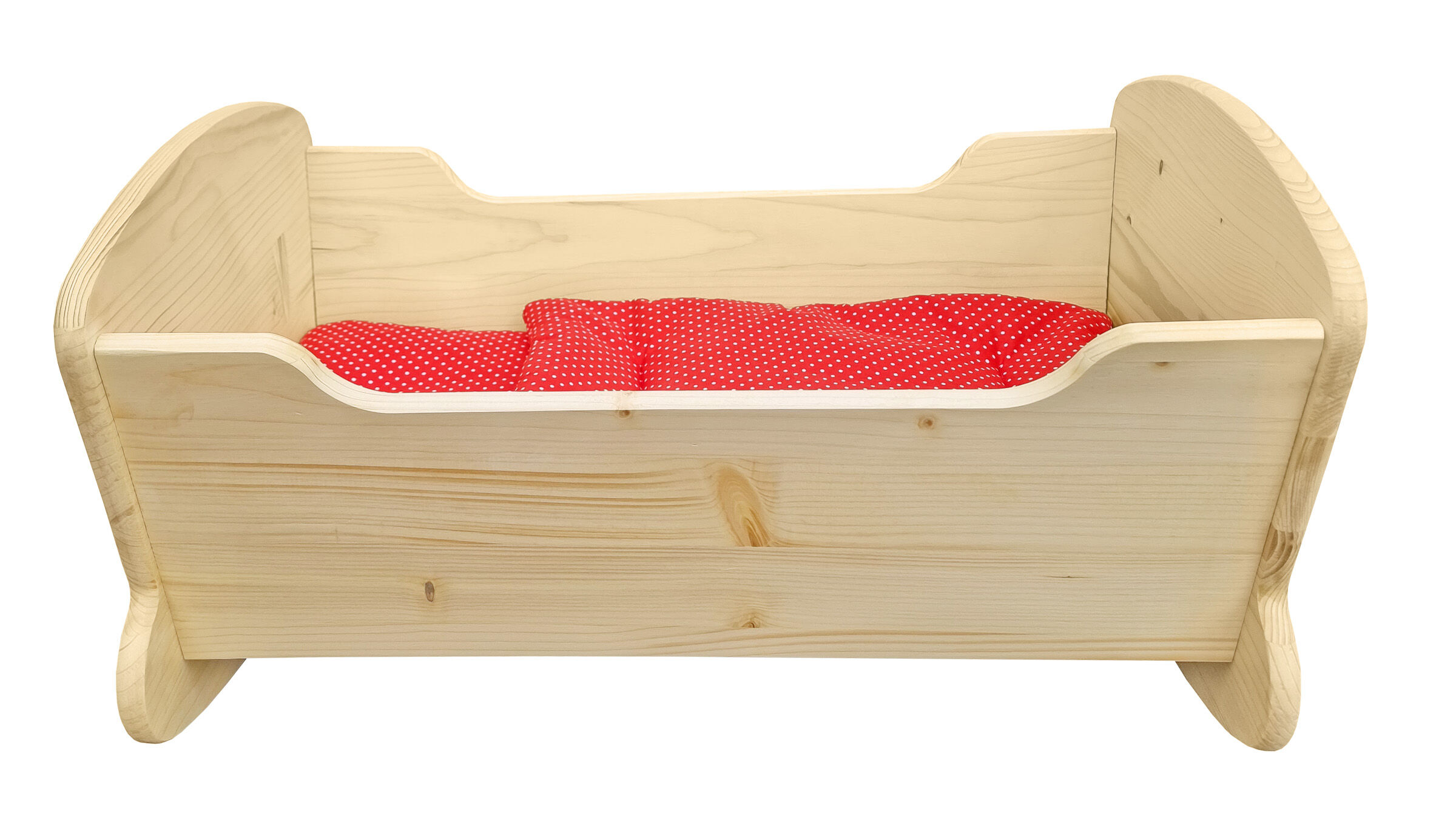 Kinderbett, Holzbett, Babybett, rotes Kissen, Holz, Detailbild der Puppenschaukel für große Puppen