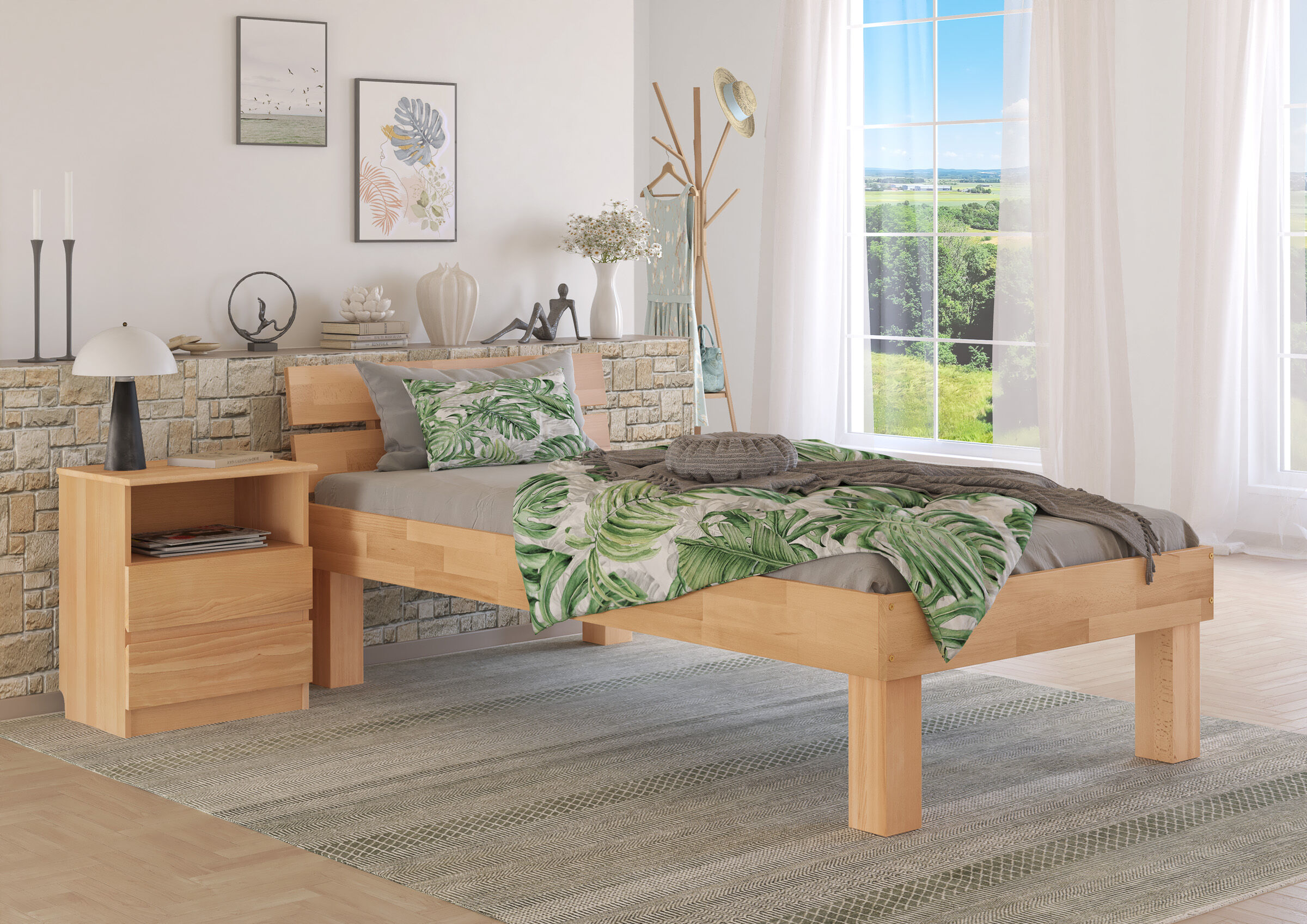 bett, holzbett, grüner blätter bettbezug, tagesdecke, nachtkonsole, Gemütliches Einzelbett aus Buche 90x200 mit hohen Füßen