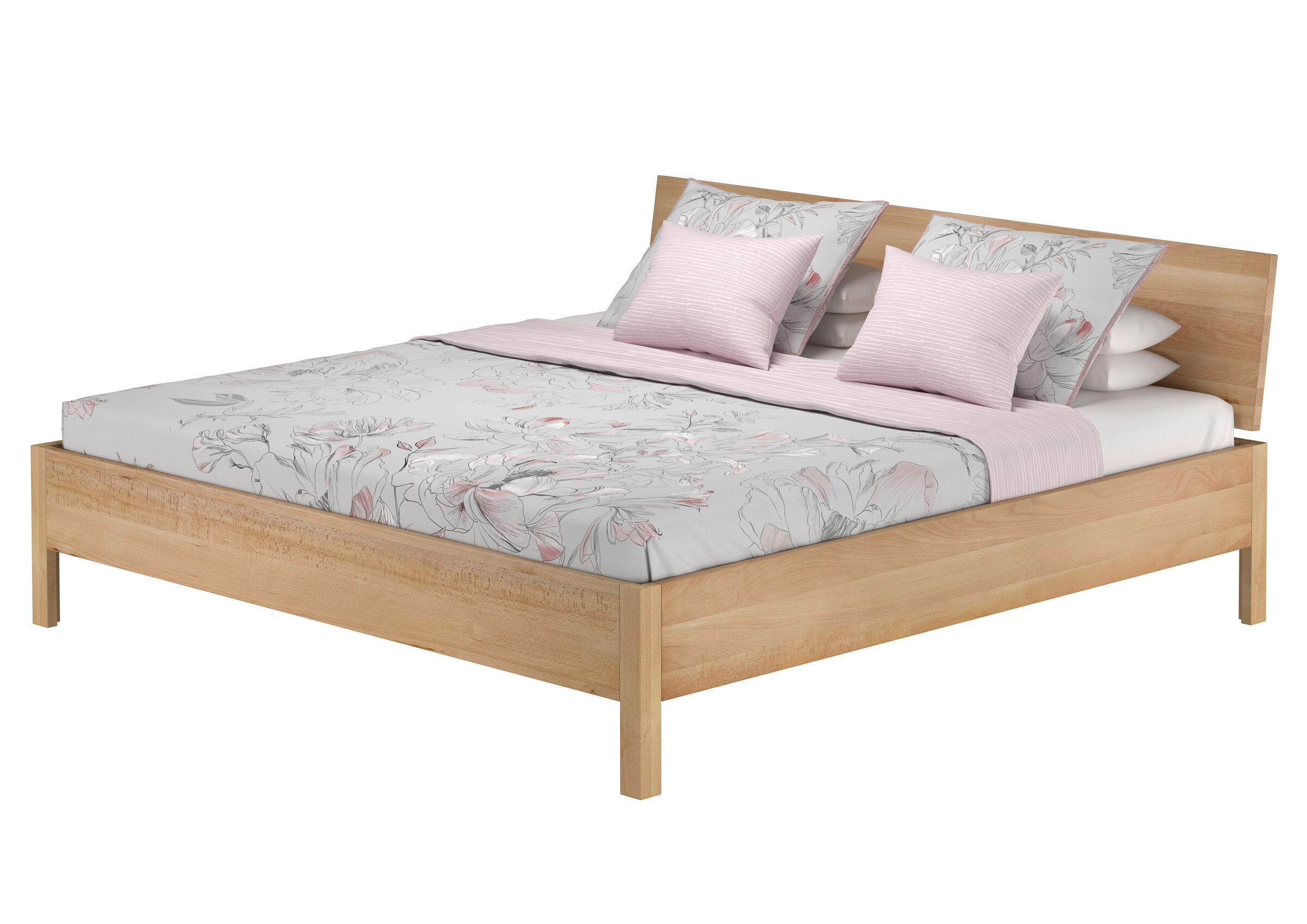 bettgestell, holzbettrahmen, betttuch, blumenmuster, kuschelset, Robustes Massivholzbett 200x200 mit Kopflehne