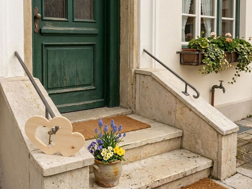 vorderer Eingang, Steinstufen, grüner Tür, Blumenanlage, Herz-Holzdeko,