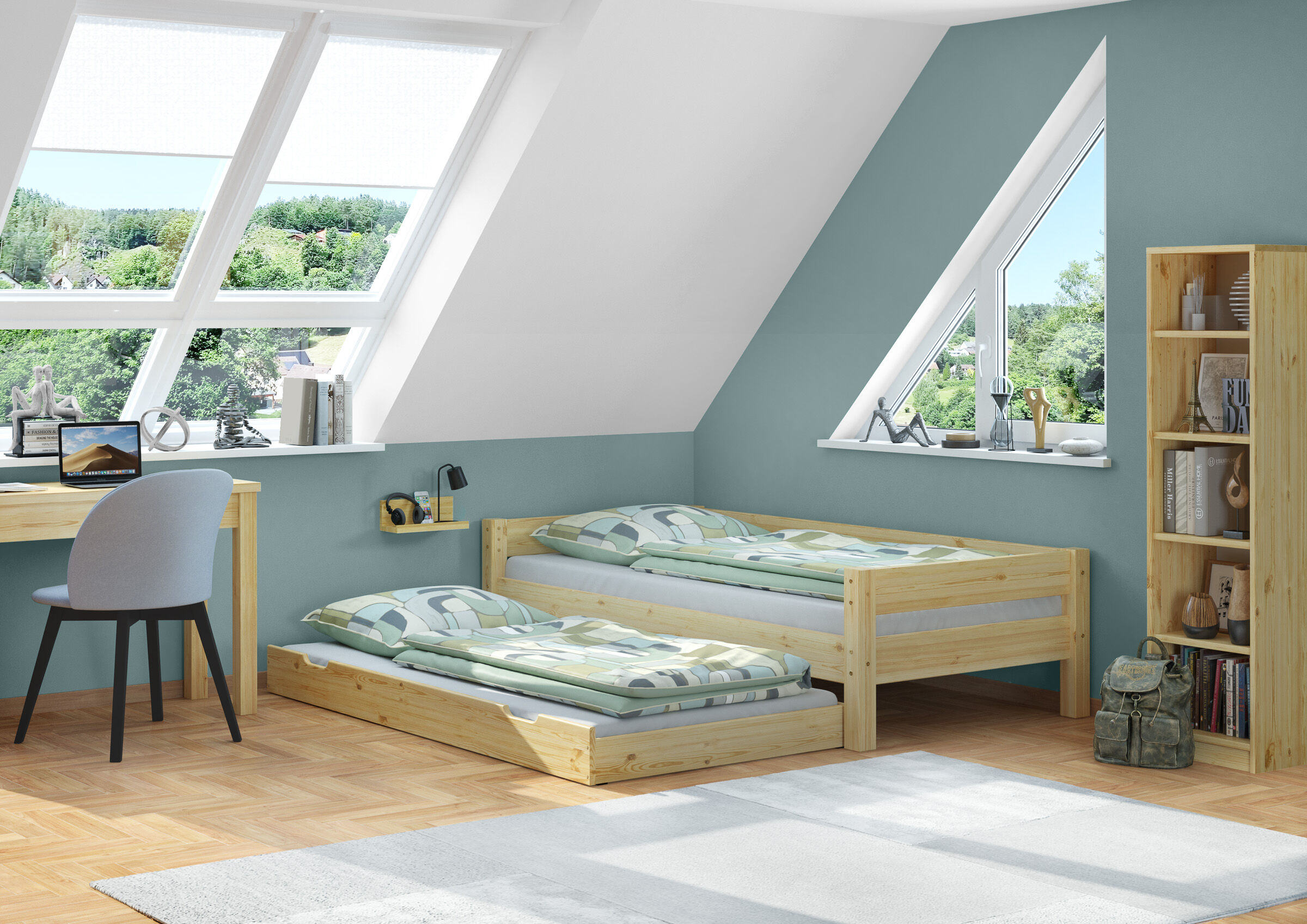 Kinderzimmer, Bett, Holzbett, Doppelbett, Kleiderschrank, Schlafzimmerbild Jugendzimmer mit Gästebettkasten