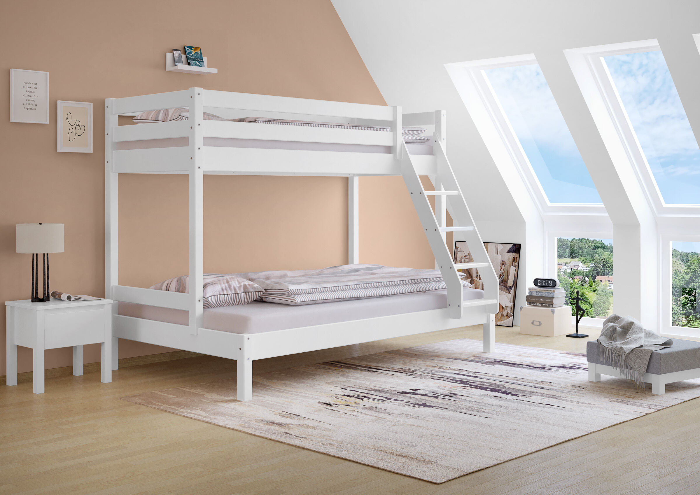 Etagenbett, weißes Bettgestell, Stockbett, Wohnmöbel, Holzbettgestell, Gästezimmer mit Doppeletagenbett Kiefer weiß