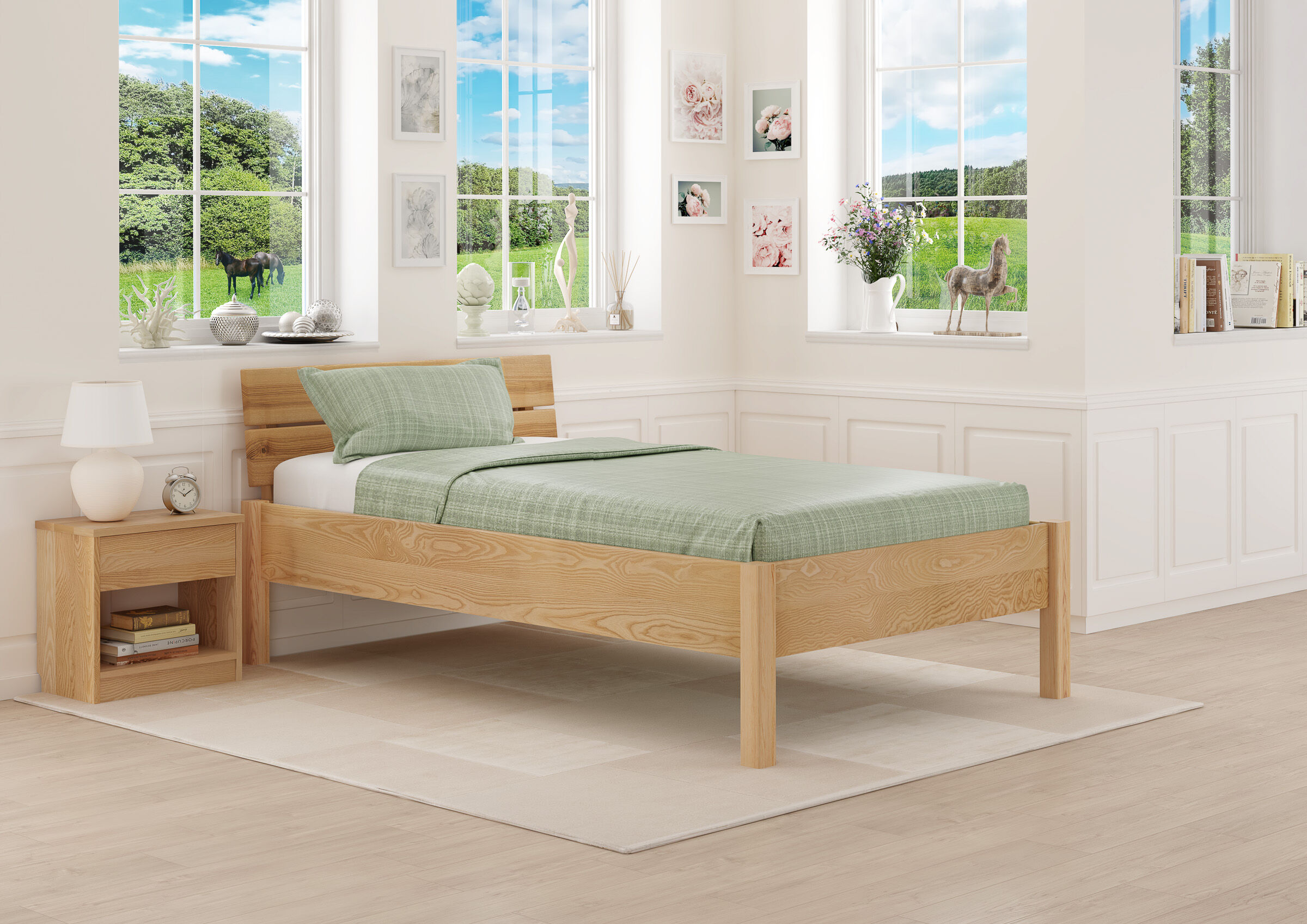 Holzbett, Holzrahmen, Bettgestell, Bett mit Holz, grünes Bettlaken, Zimmerbild des breiten Einzelbettes aus Esche 120x200