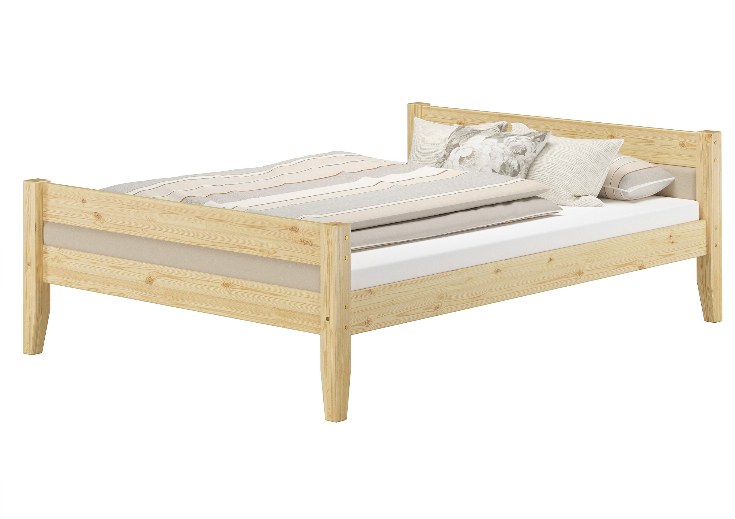 Holzbett, Kiefer, Holzbettrahmen, Bettgestell, Bettrahmen, Holzbett-160x200-Polster-beige