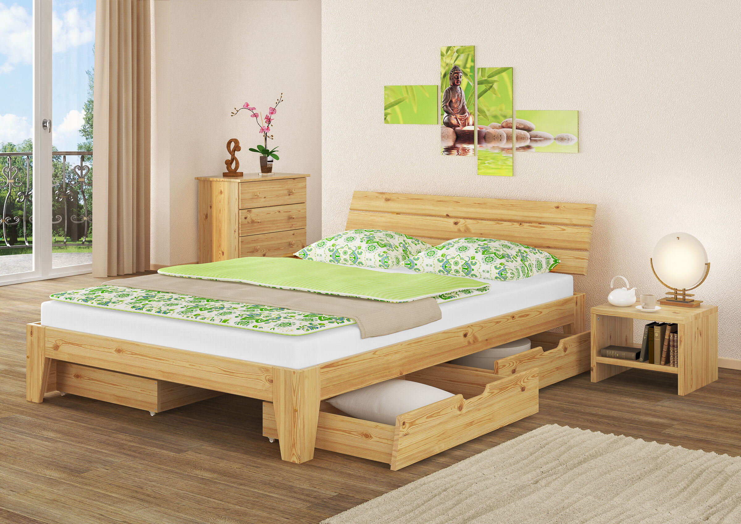 Bett, Holzbettenrahmen, Kastenbett, Nachttisch, Bettwäsche-Grün, Schlafzimmerbild Kiefer Bett natur