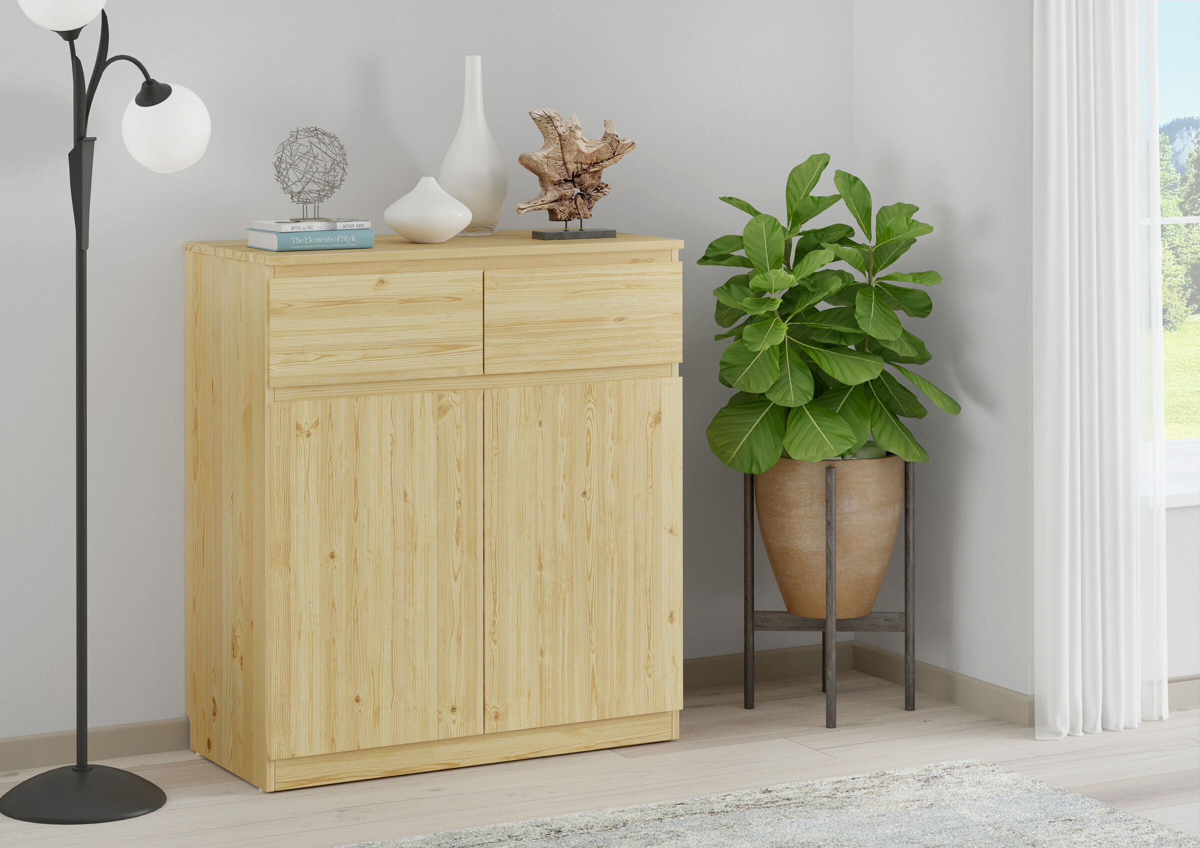 Kombinationstisch, Massivholz, Schrankkommode, Naturholz, Topfpflanze, Elegantes Sideboard mit zwei Schubläden und 2 Türen