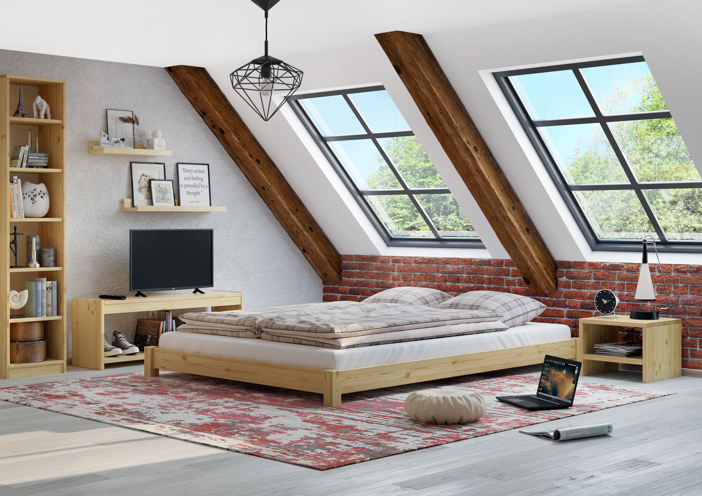 bett, raumdekor, holzbetten, dachbodenstil, fenster skylight, Zimmerbild des Kiefernholzbettes 160x200