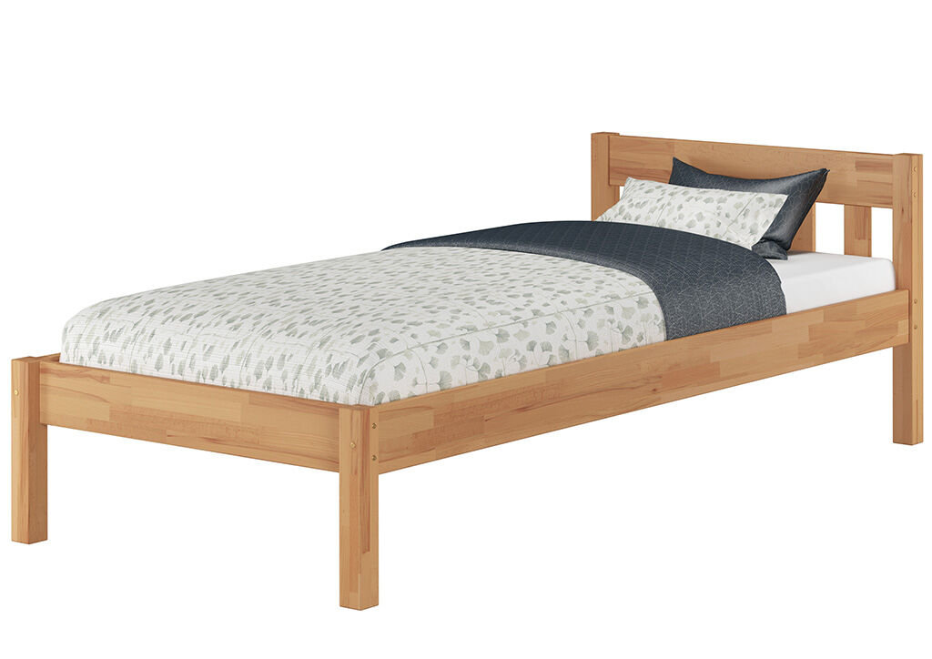 holzbettrahmen, einzelbett, naturholz, blaues-kopfkissen, betttuch-muster, Buche Bett lackiert