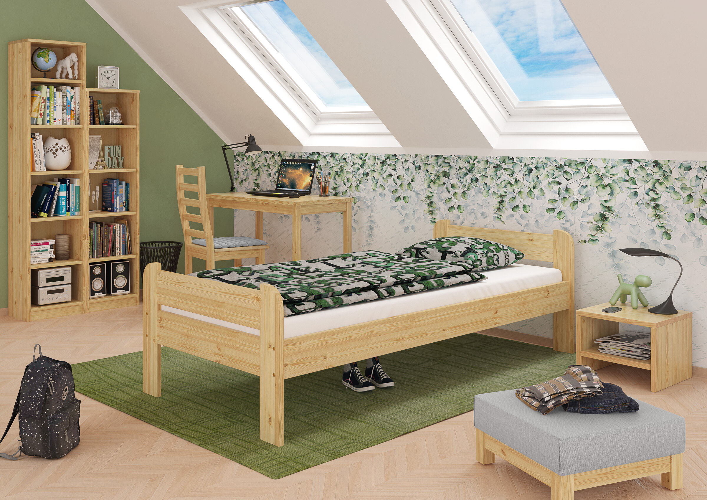 bett, zimmerdekoration, holzbett, grünes-thema, schreibtisch, Jugendzimmer mit Einzelbett Kiefer natur