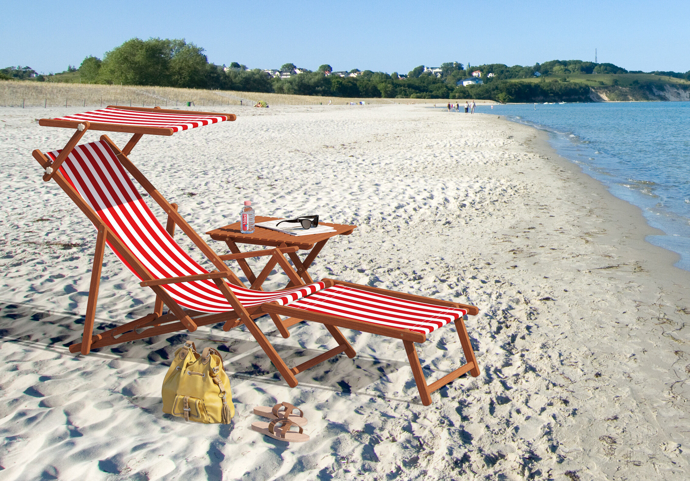 Sommer, Meer, Strand, Handtasche, Stuhl, Strandliege aus Buche mit Sonnendach und Fußteil