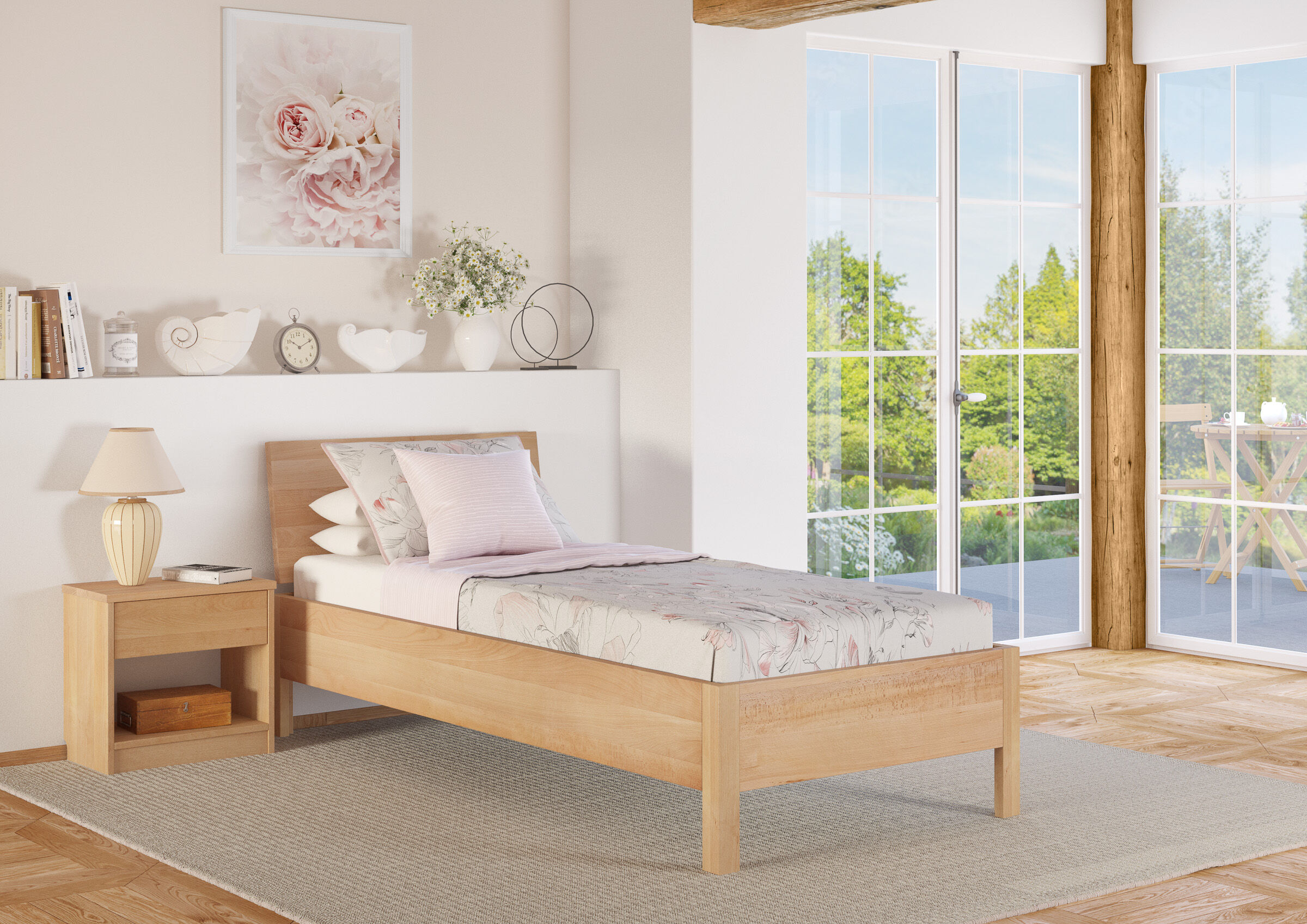 Bett, Holzbett, Matratze, Schlafzimmer, Blumen-Deko,