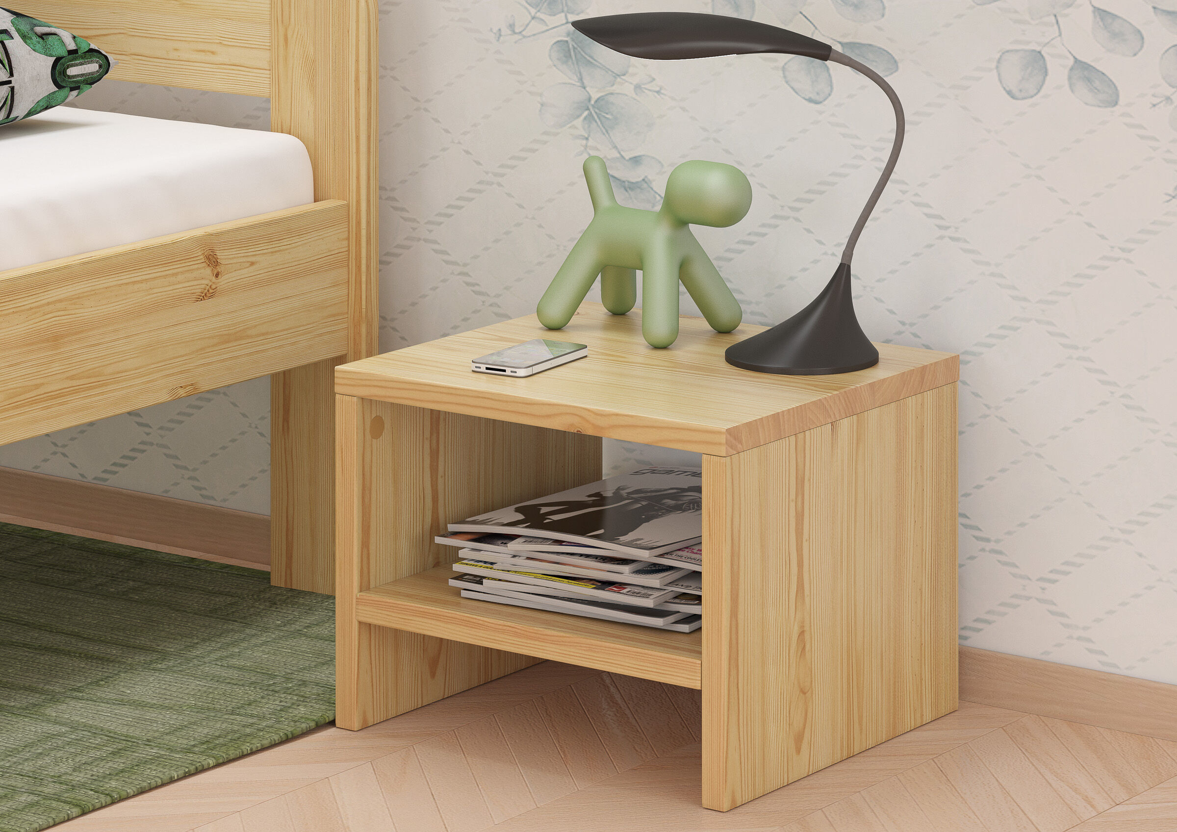 Nachttisch, Schreibtisch, Tischlampe, Buch Magazinablage, Spielzeugfigur, Zimmerbild mit Nachttisch